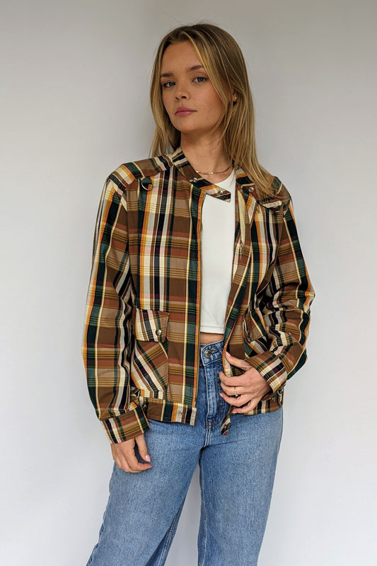 Retro vintage 80s style checked bomber jacket in browns and creams