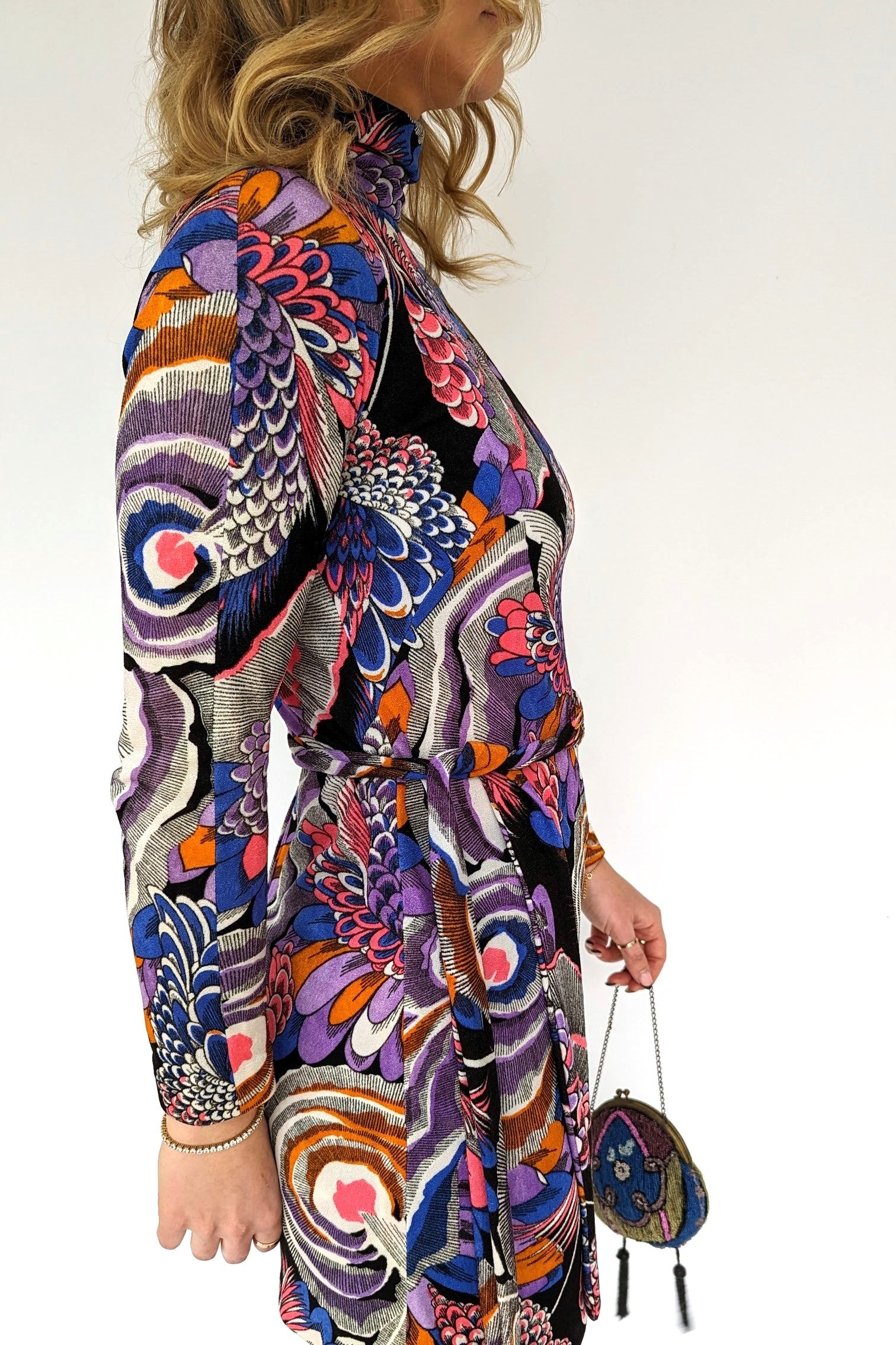 1970s psychedelic trouser suit side view with bag