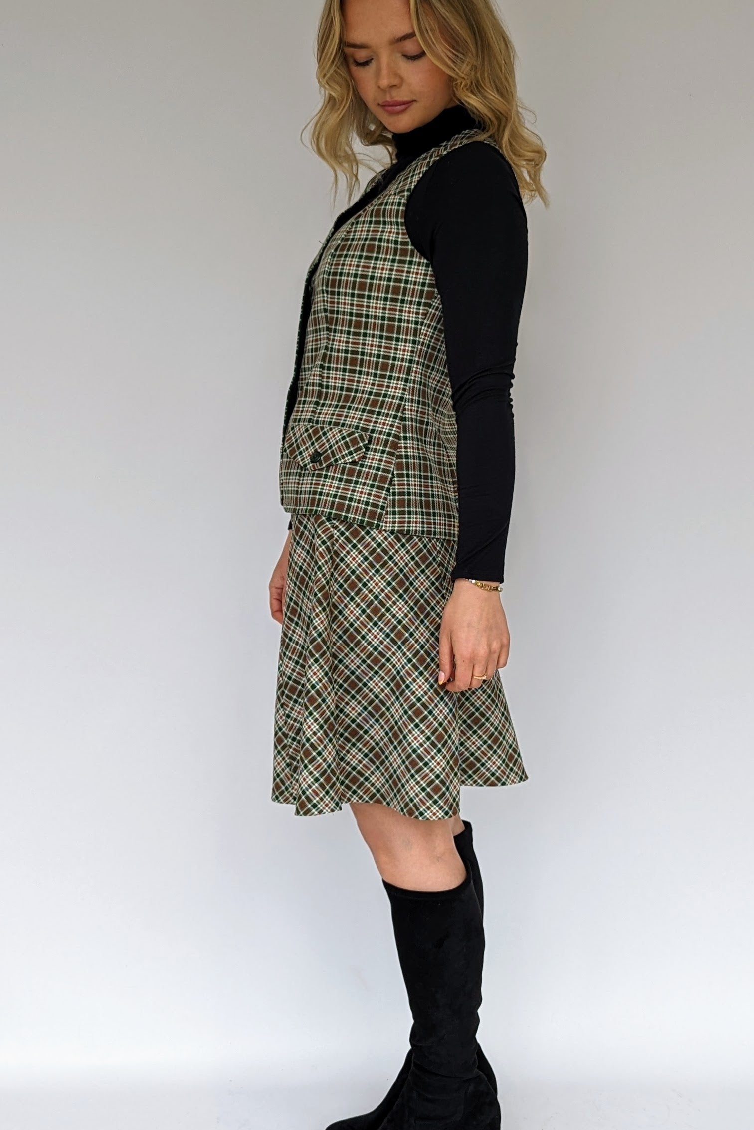 side view of Plaid check skirt suit from 1970s in khaki and brown