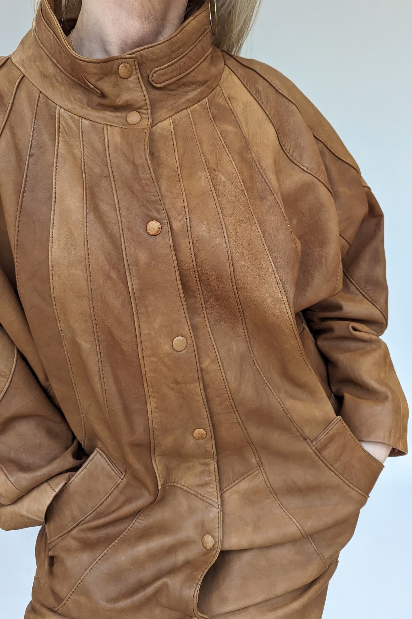 Feature seaming on 80s Brown Tan Soft Leather Oversized Jacket