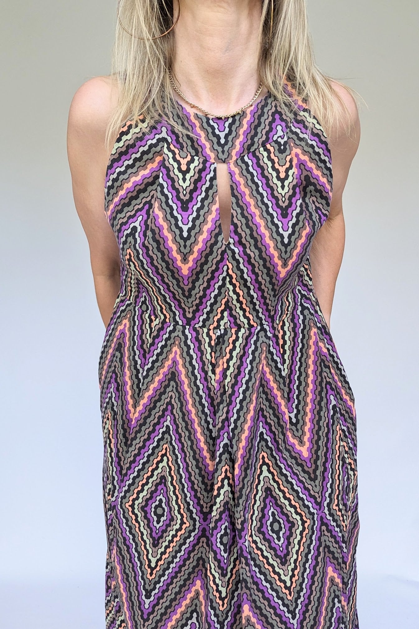 Keyhole geometric striped dress