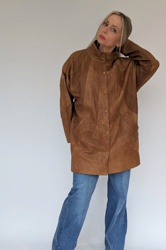 80s Brown Tan Soft Leather Oversized Jacket