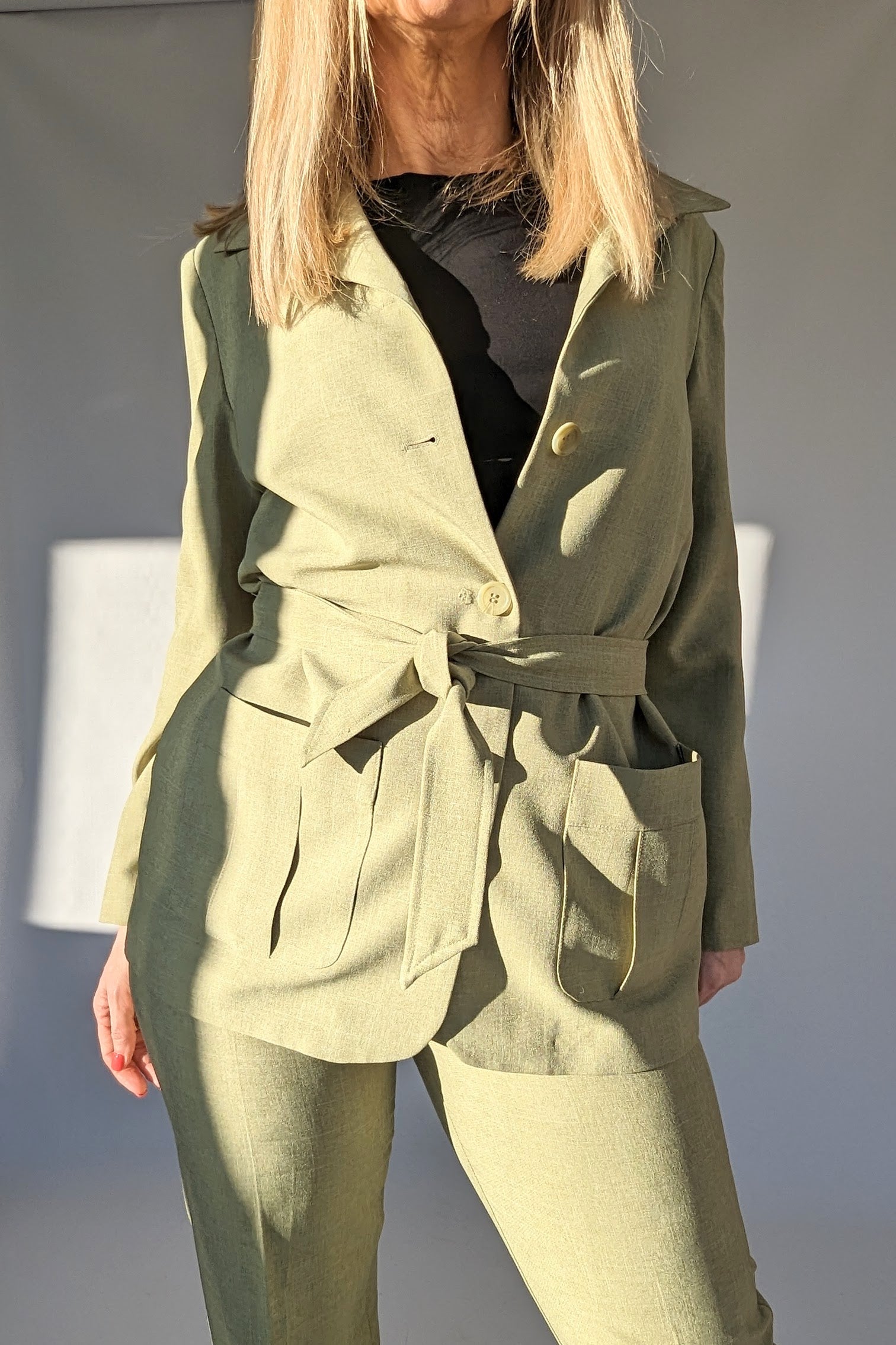 olive green safari style jacket with belt