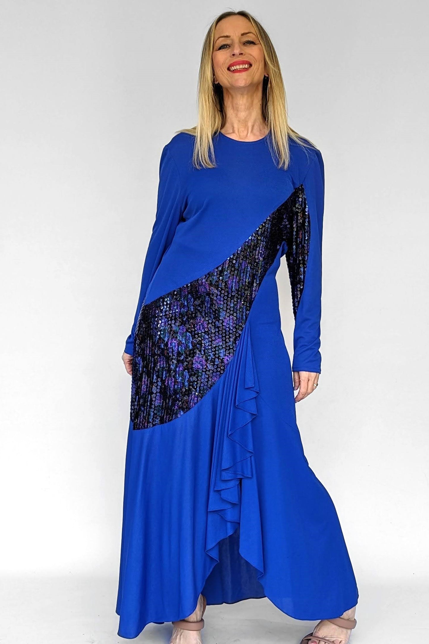 80s Vintage Frank Usher Royal Blue Sequined Long Evening Dress