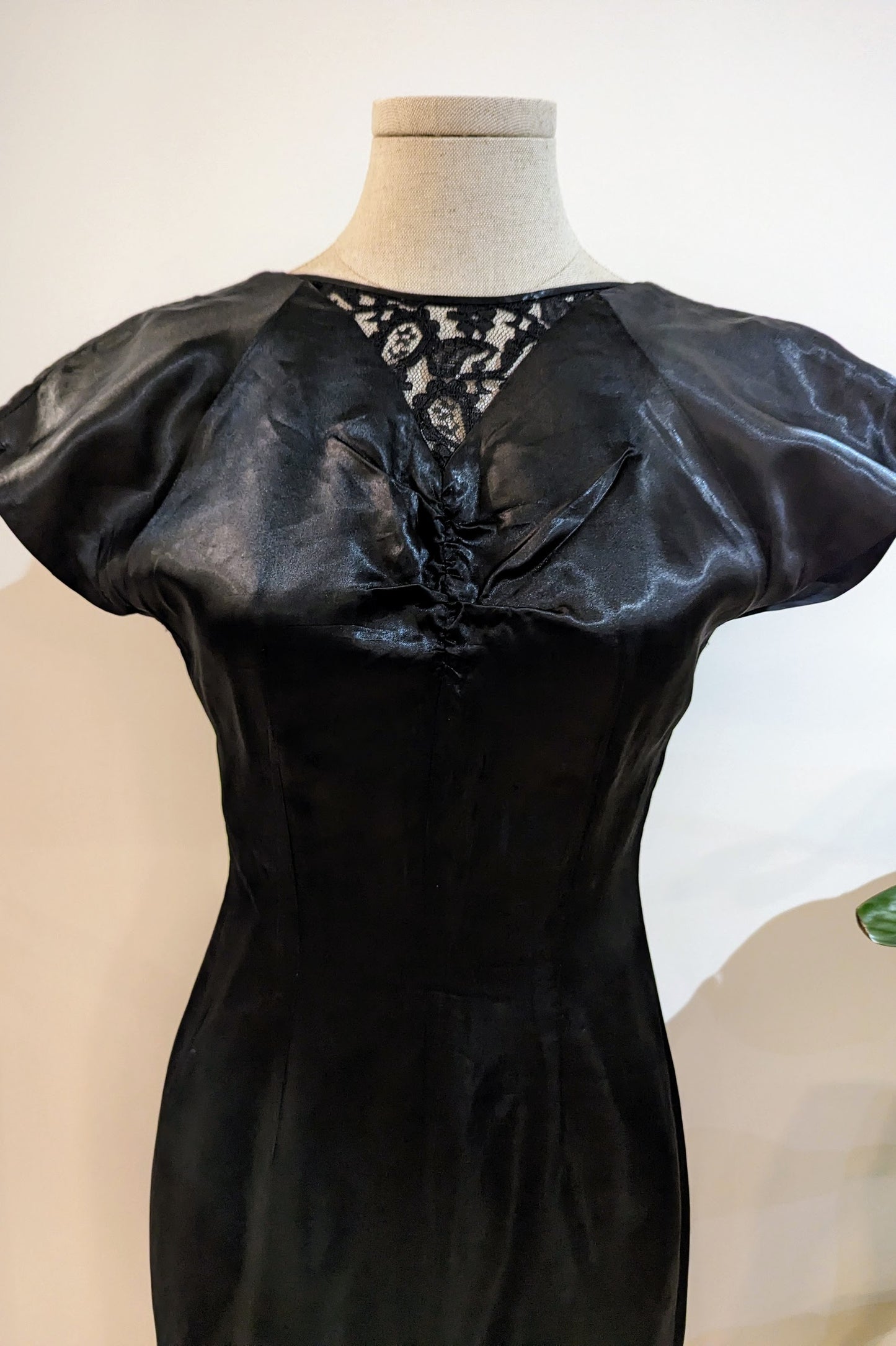 lace front detail black satin dress