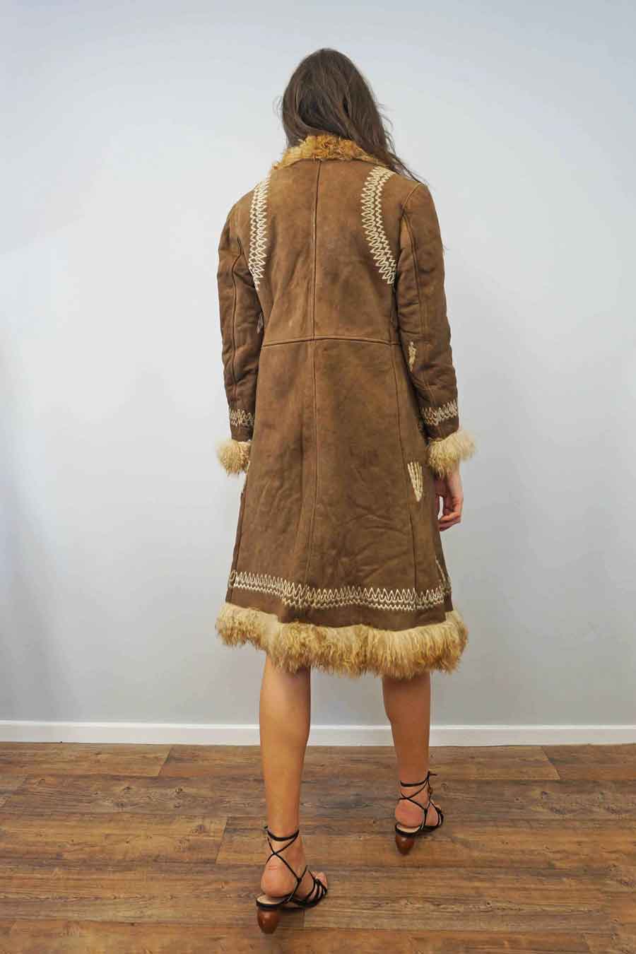 vintage shearling embroidered long brown suede coat
