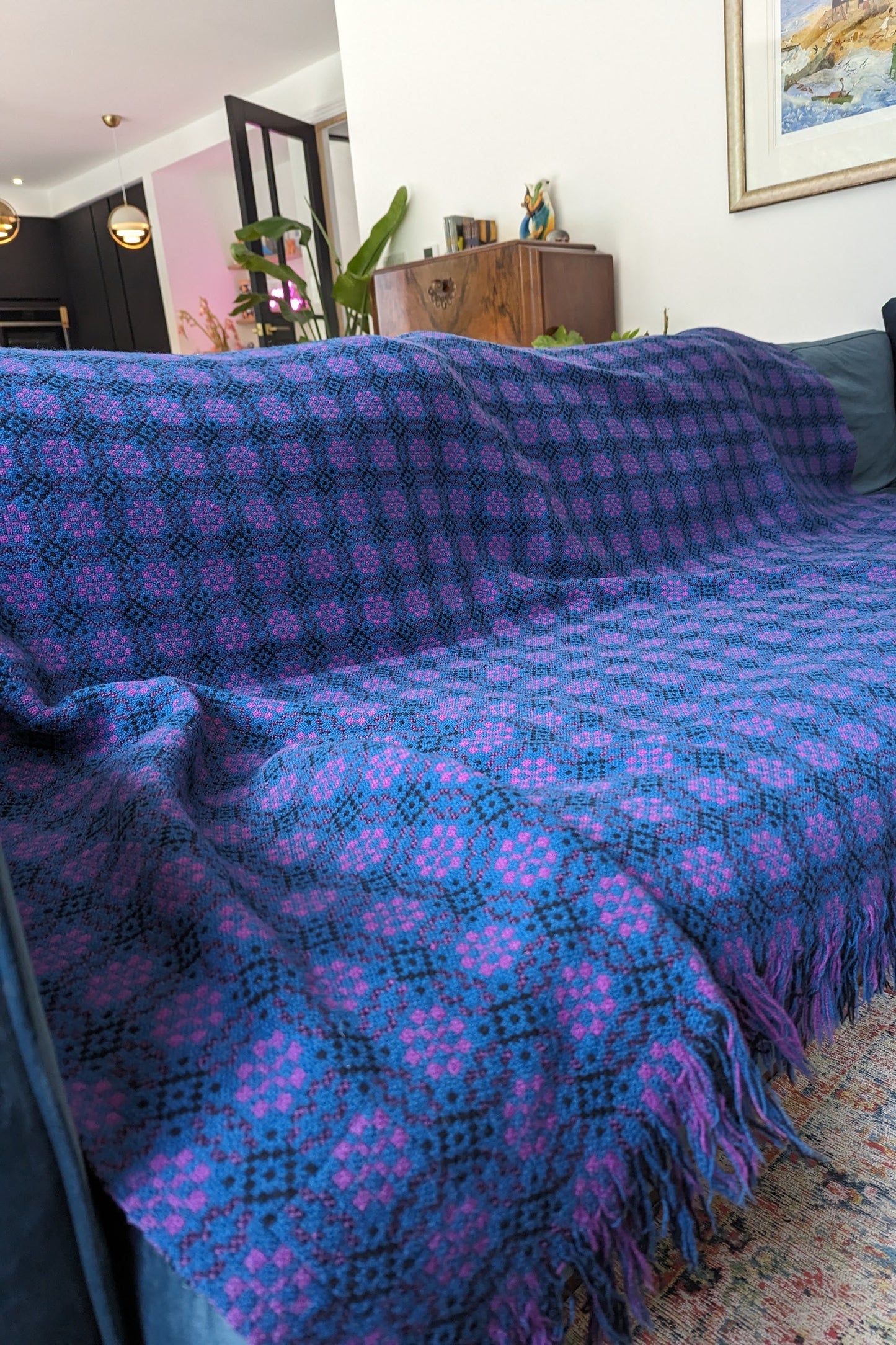 Large Vintage 70s Welsh Meirion Weave Pure Wool Tapestry Blanket - made in Wales