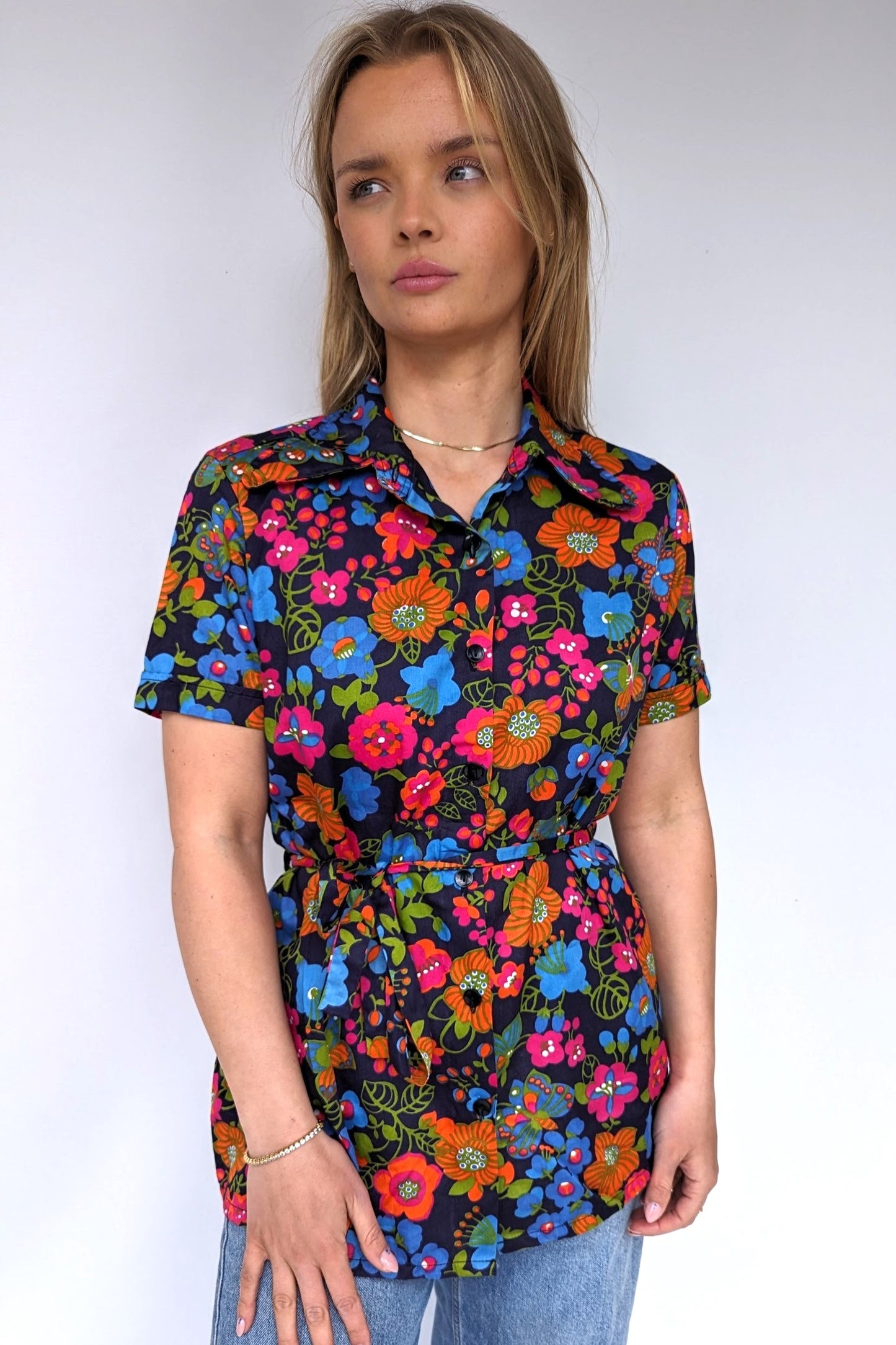 blue, orange and pink bright floral summer vintage blouse with tie waist and dagger collar