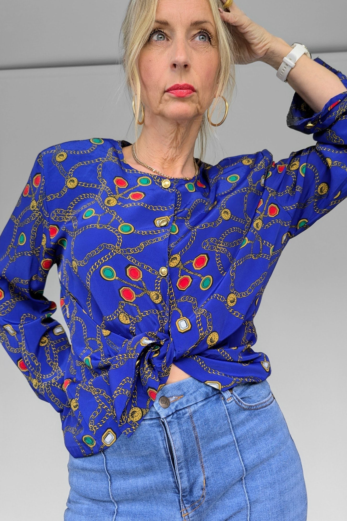 vintage 80s blue chain blouse tied