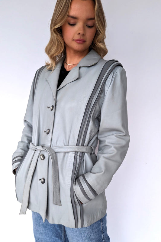 vintage retro grey leather jacket with two tone grey stripe detail