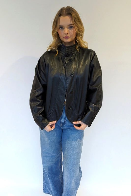 High neck black leather jacket