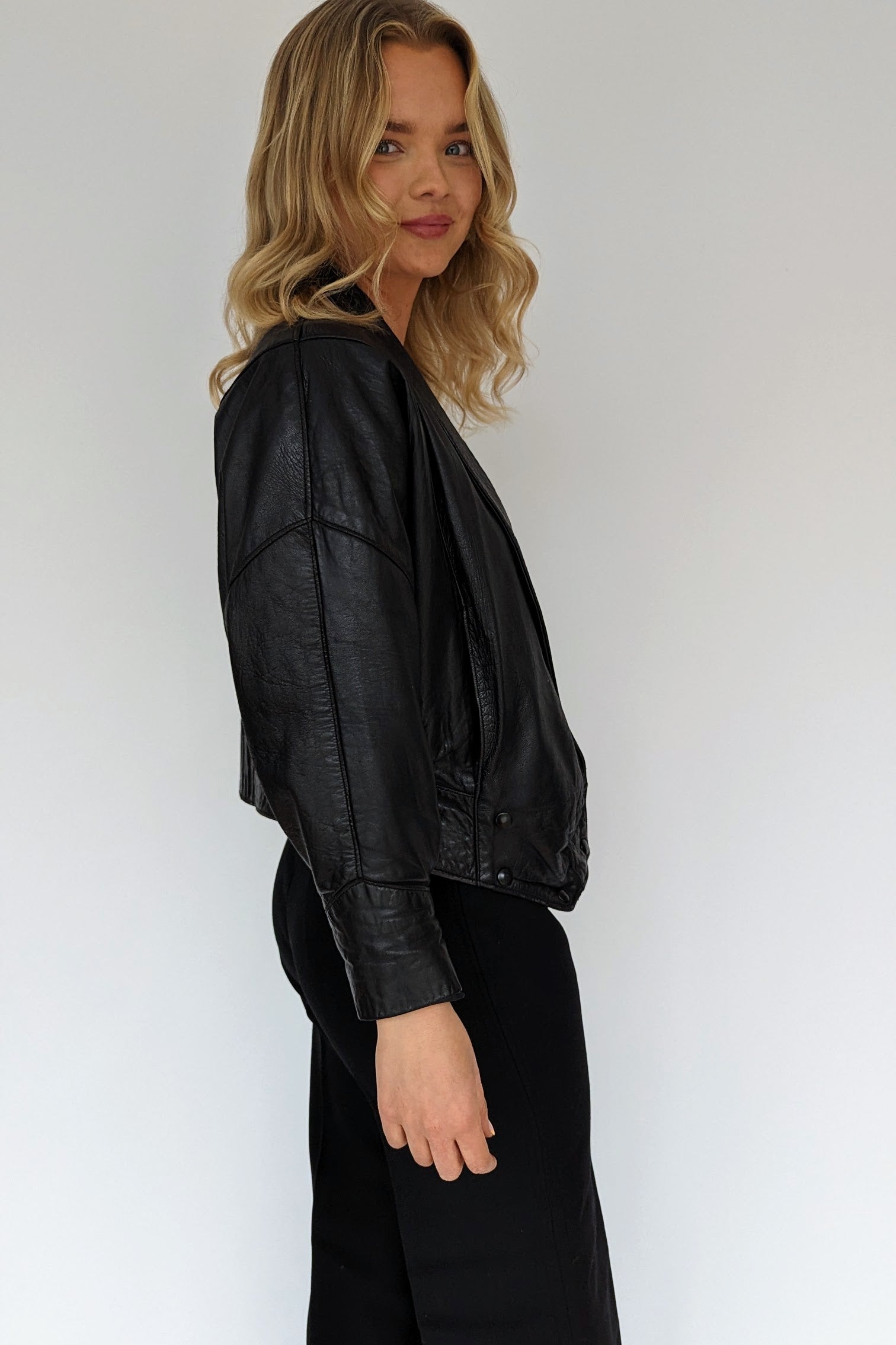 side of fitted batwing leather jacket