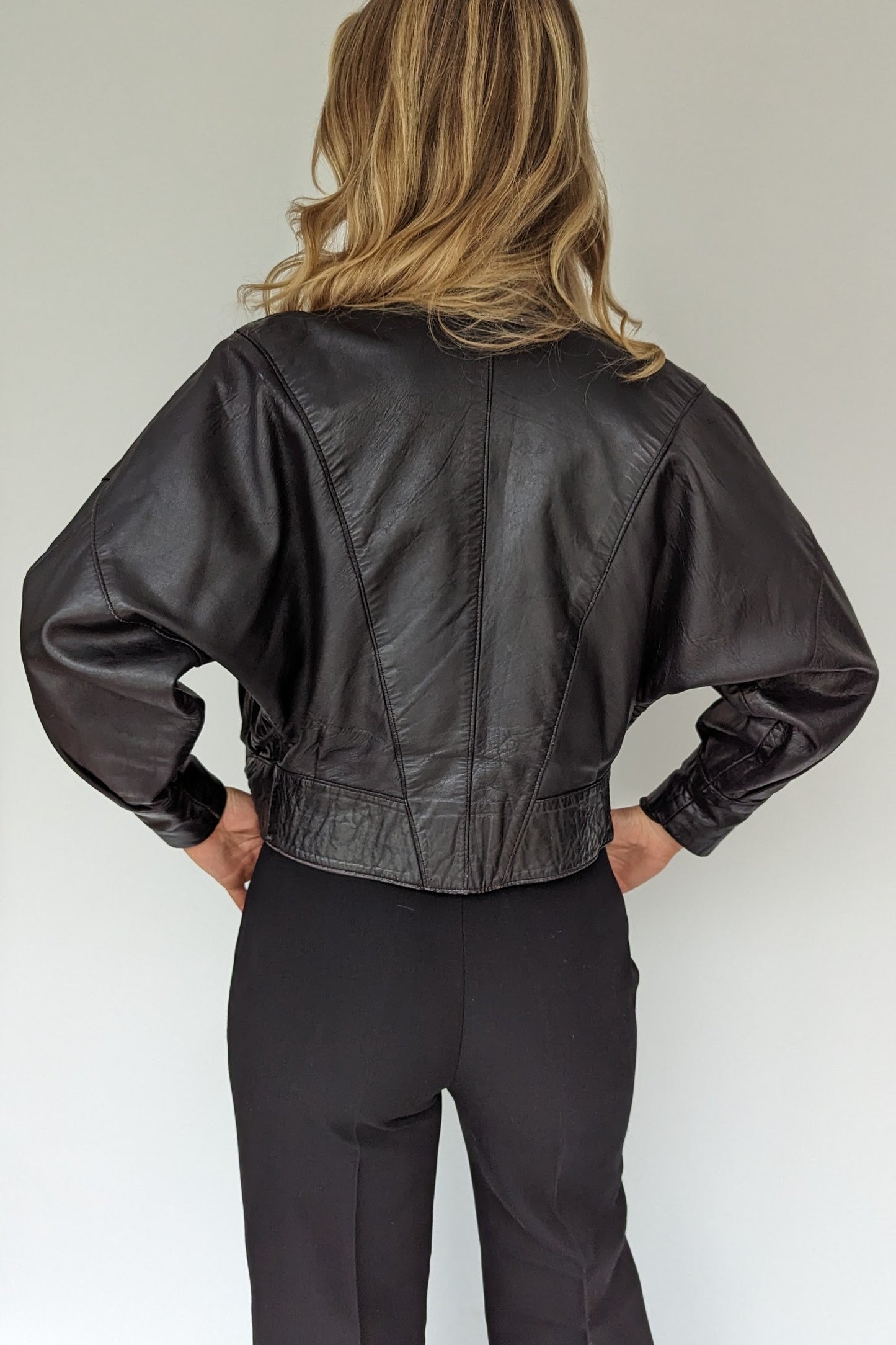 back v seam of ladies vintage leather jacket 