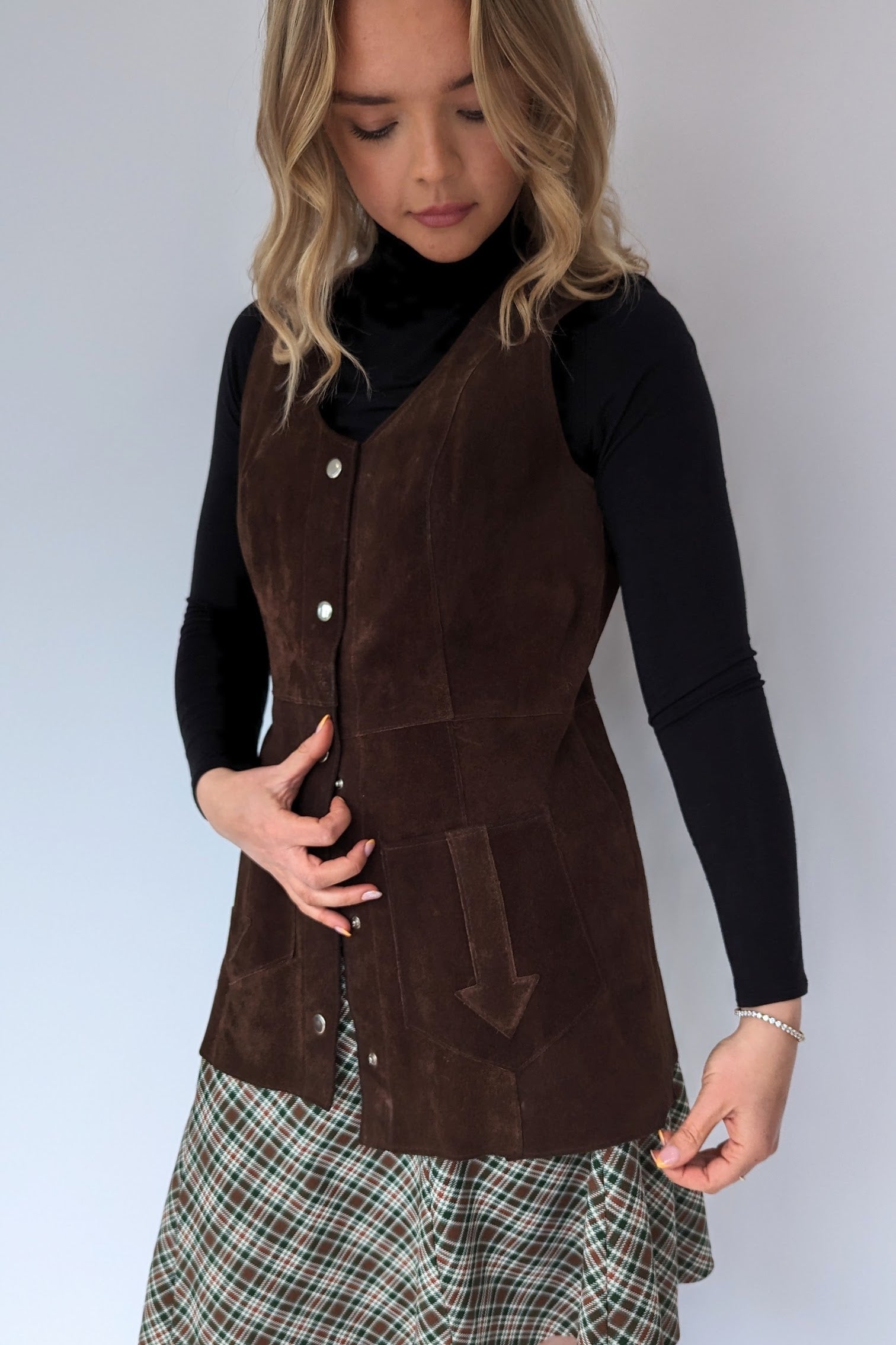 vintage dark brown ladies 1970s waistcoat  with arrow detail on pocket
