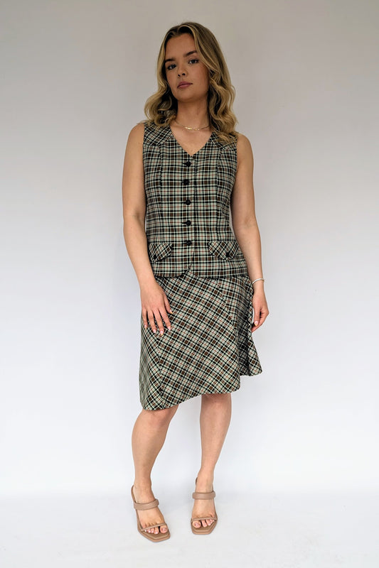 Plaid check skirt suit from 1970s in khaki and brown