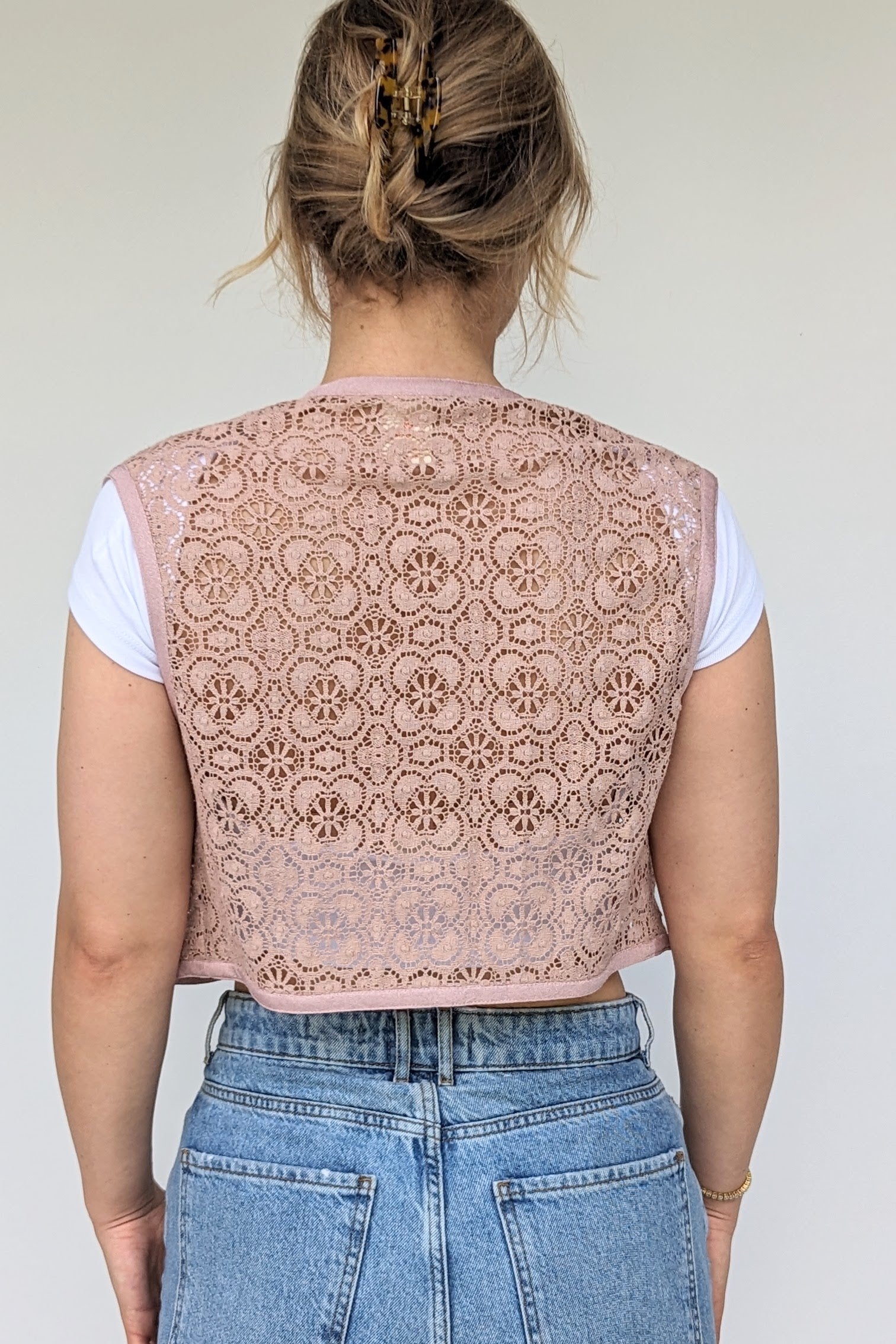 back of cropped pink lace vintage waistcoat 