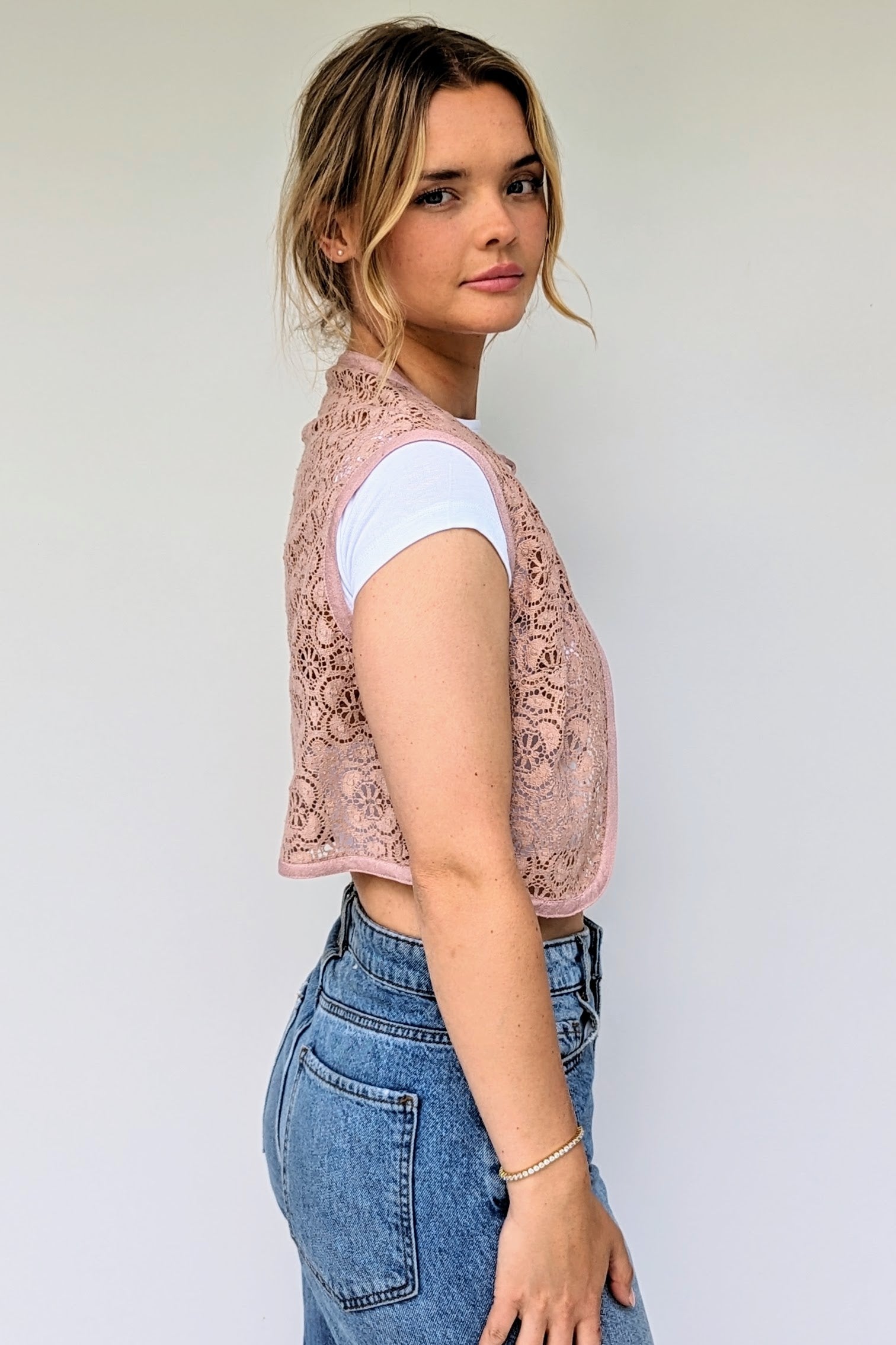 side of dusky pink cropped vintage waistcoat