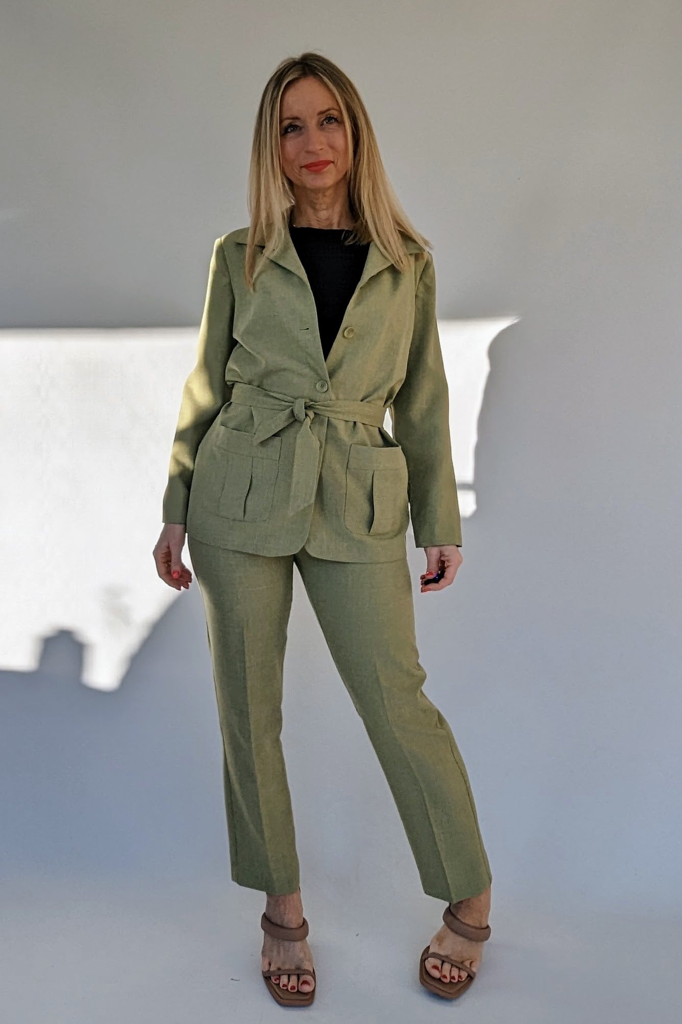 olive green safari style trouser suit