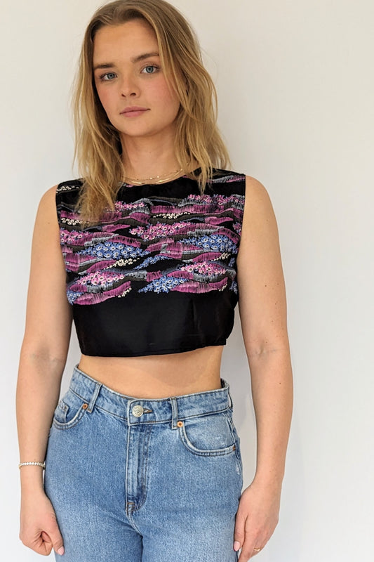 vintage black and purple cropped floral top