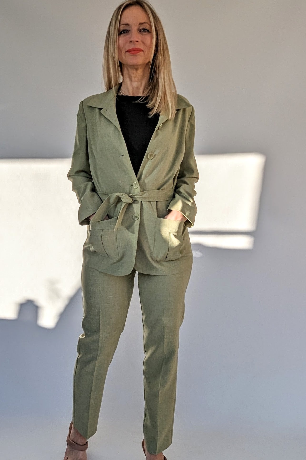 women's olive green safari style trouser suit