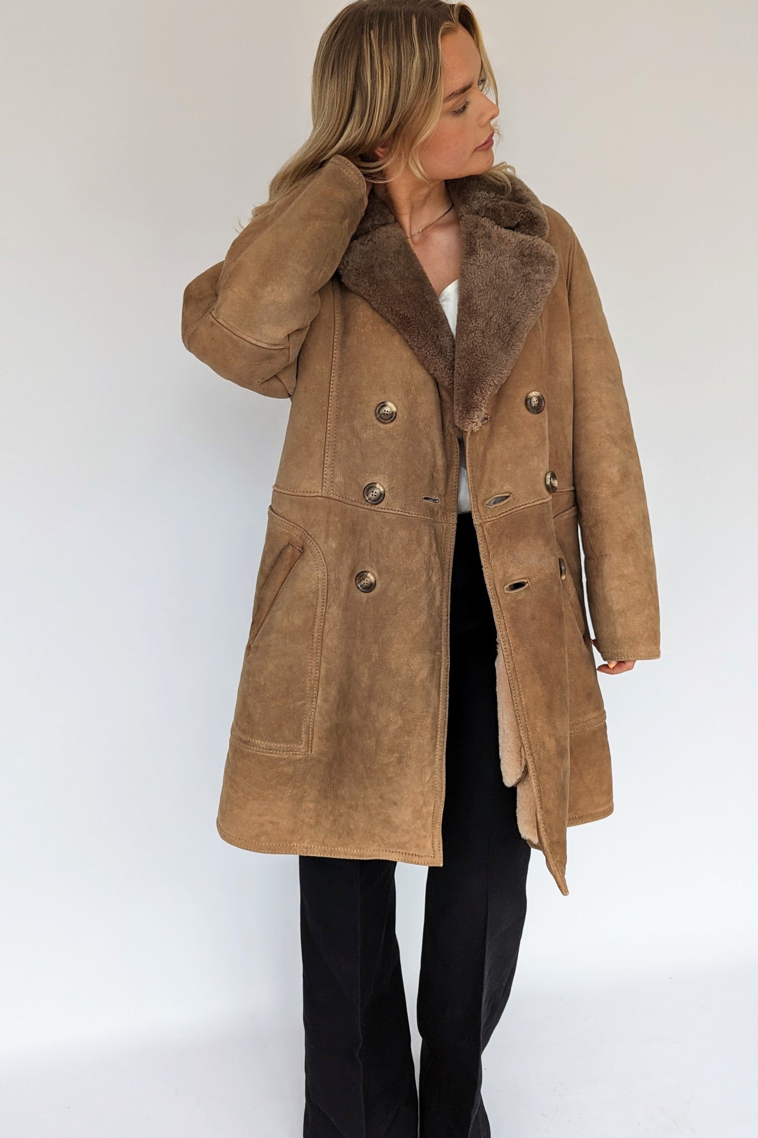 double breasted vintage sheepskin coat open
