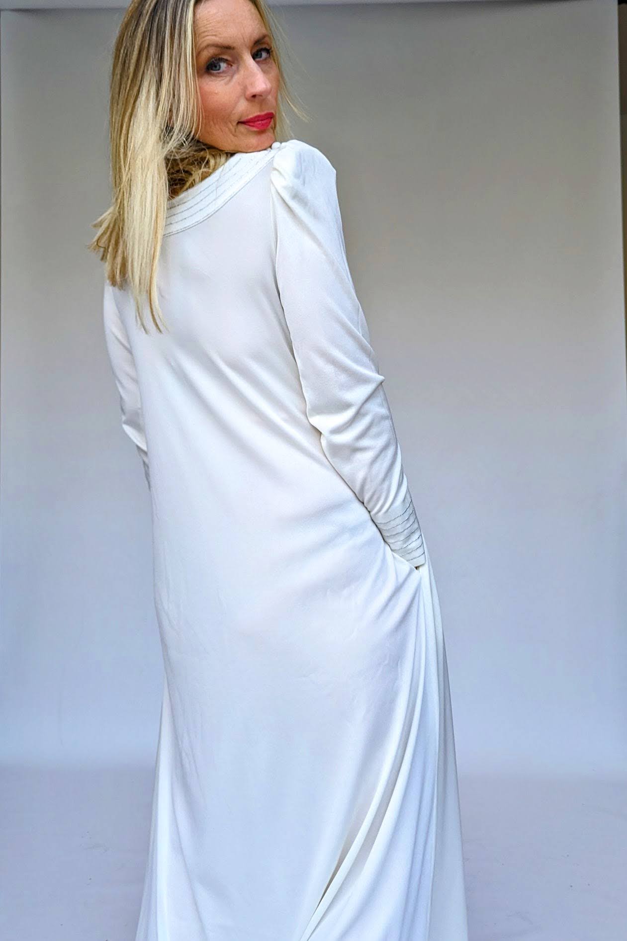 1970s Jean Varon Long White Maxi Evening Dress with Silver Stitching Design and Pockets