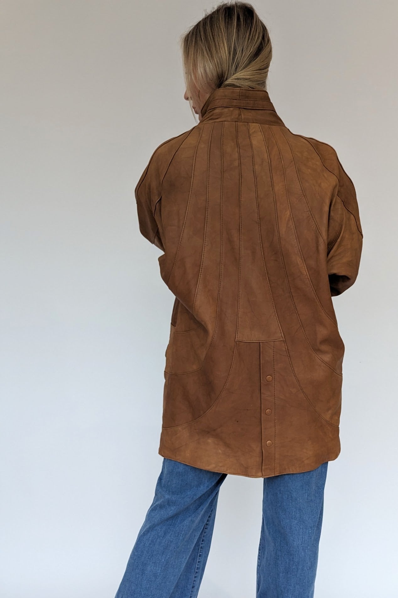 Back of  80s Brown Tan Soft Leather Oversized Jacket