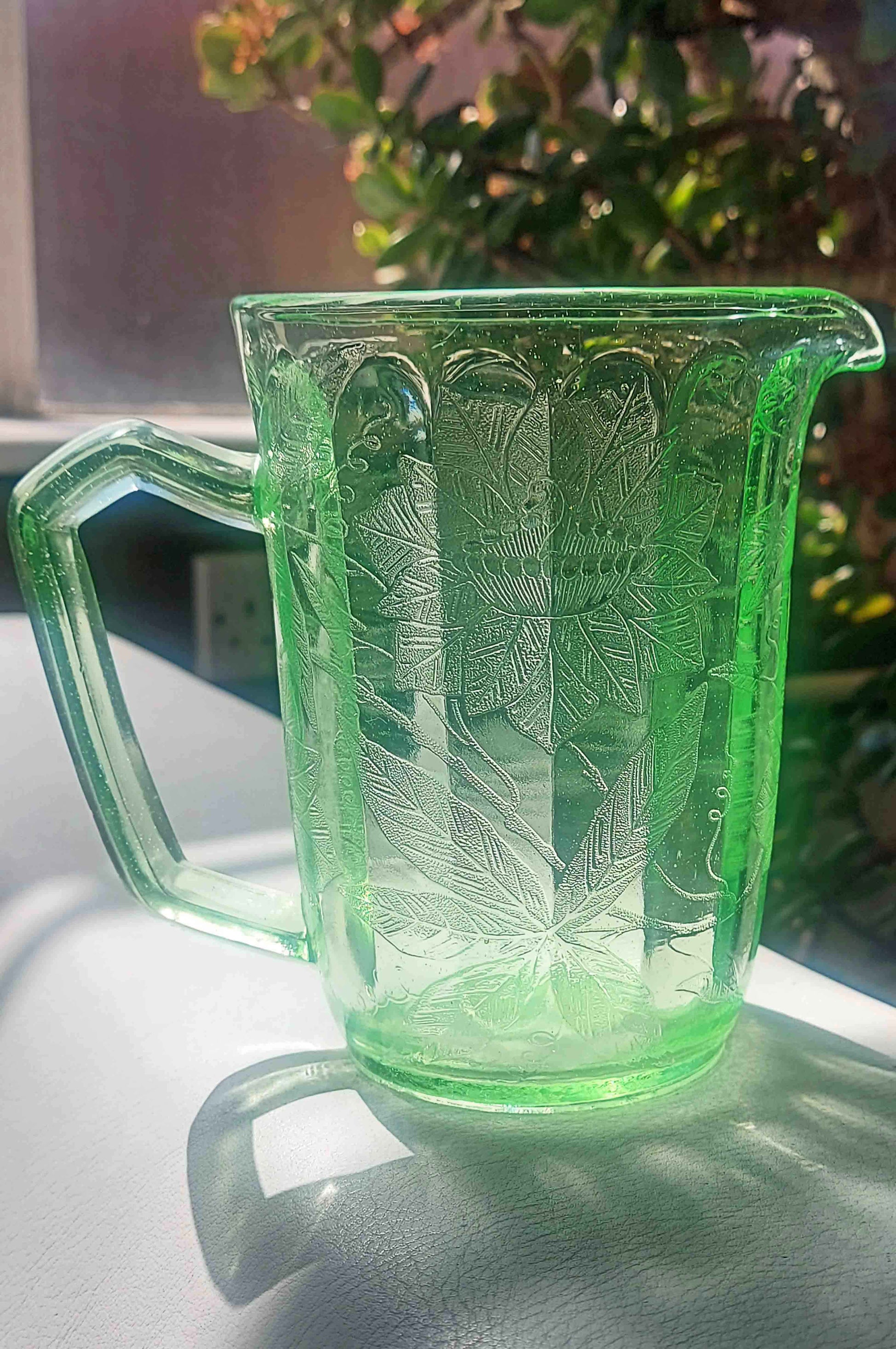 1930s green uranium depression glass floral passion flower jug