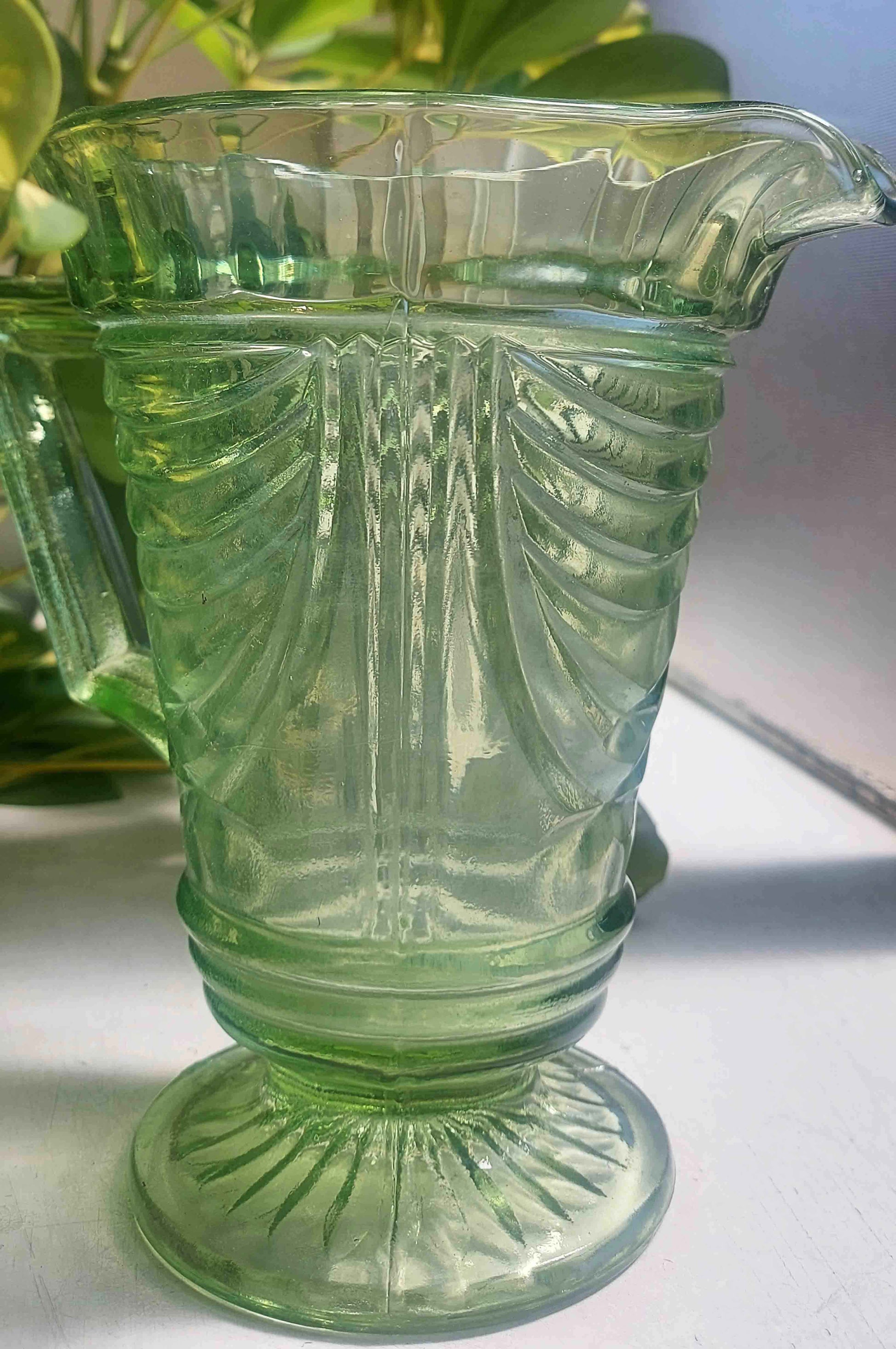 Vintage Art Deco Sowerby Green Pressed Glass Jug
