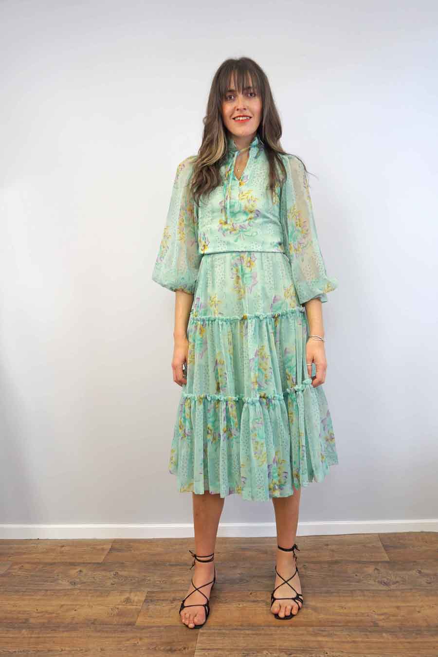 a-line vintage 1970s floral ruffled skirt