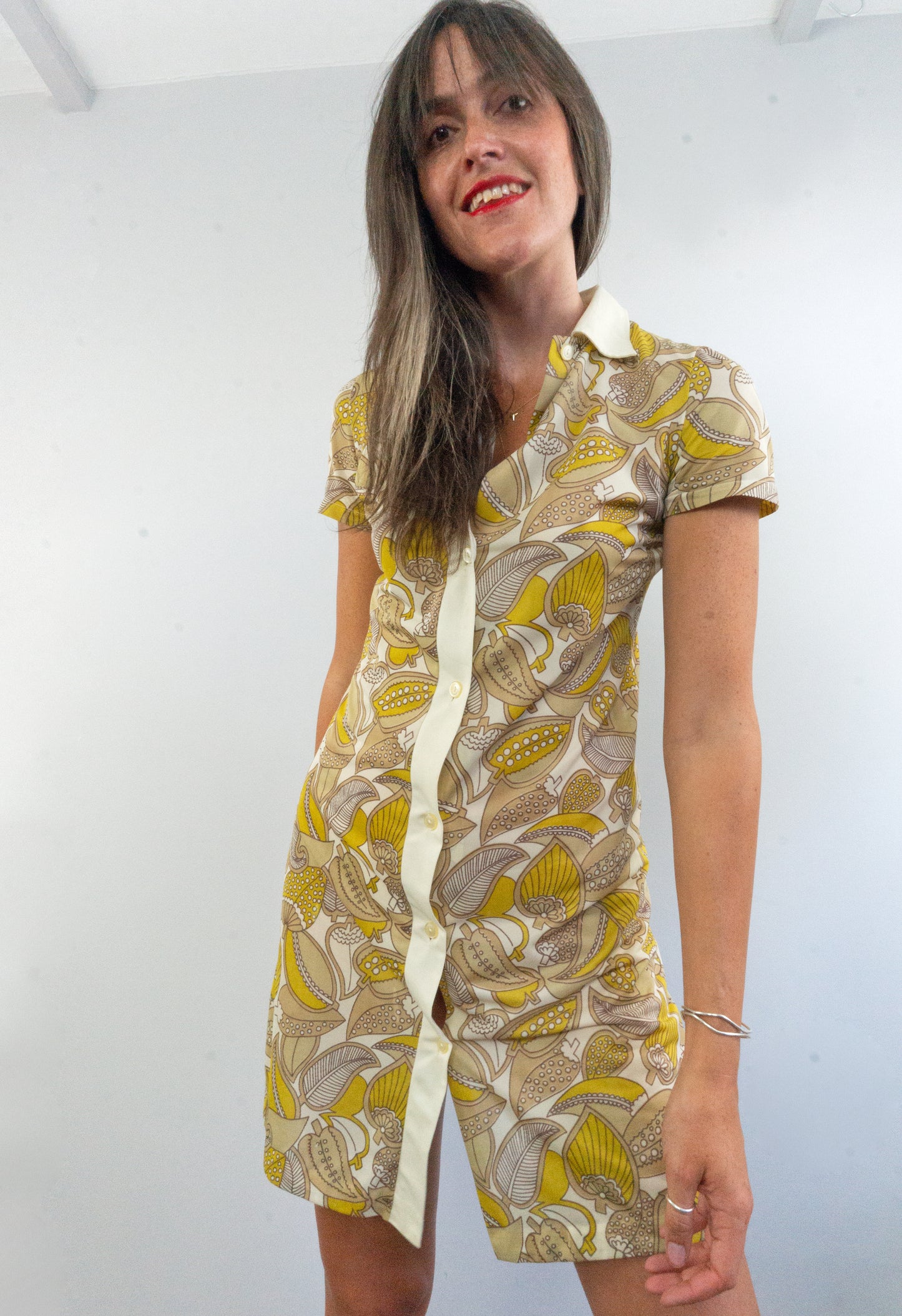 1970s orche yellow foliage print shirt dress