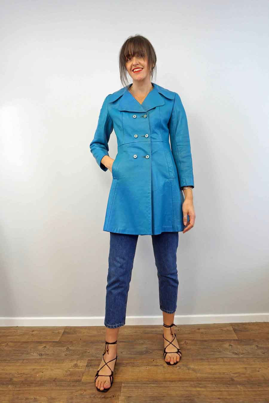 60s mod blue leather trench coat