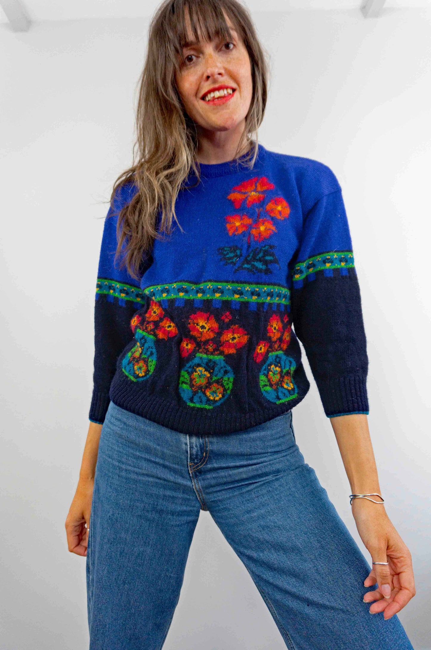 80s womens floral print irish wool fisherman sweater