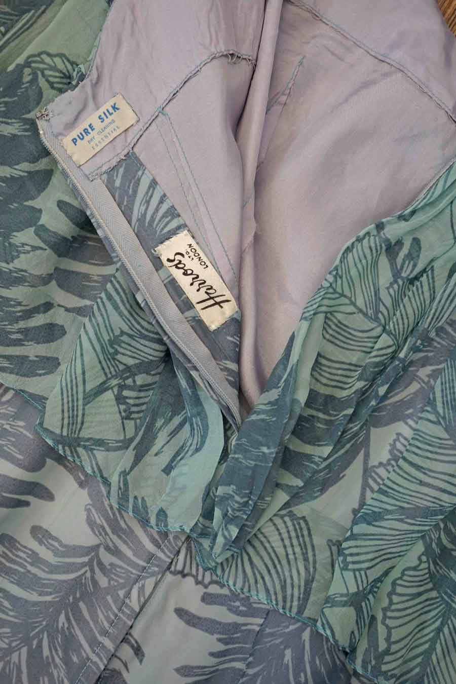 Vintage 1960s Harrods Label in blue silk palm print dress