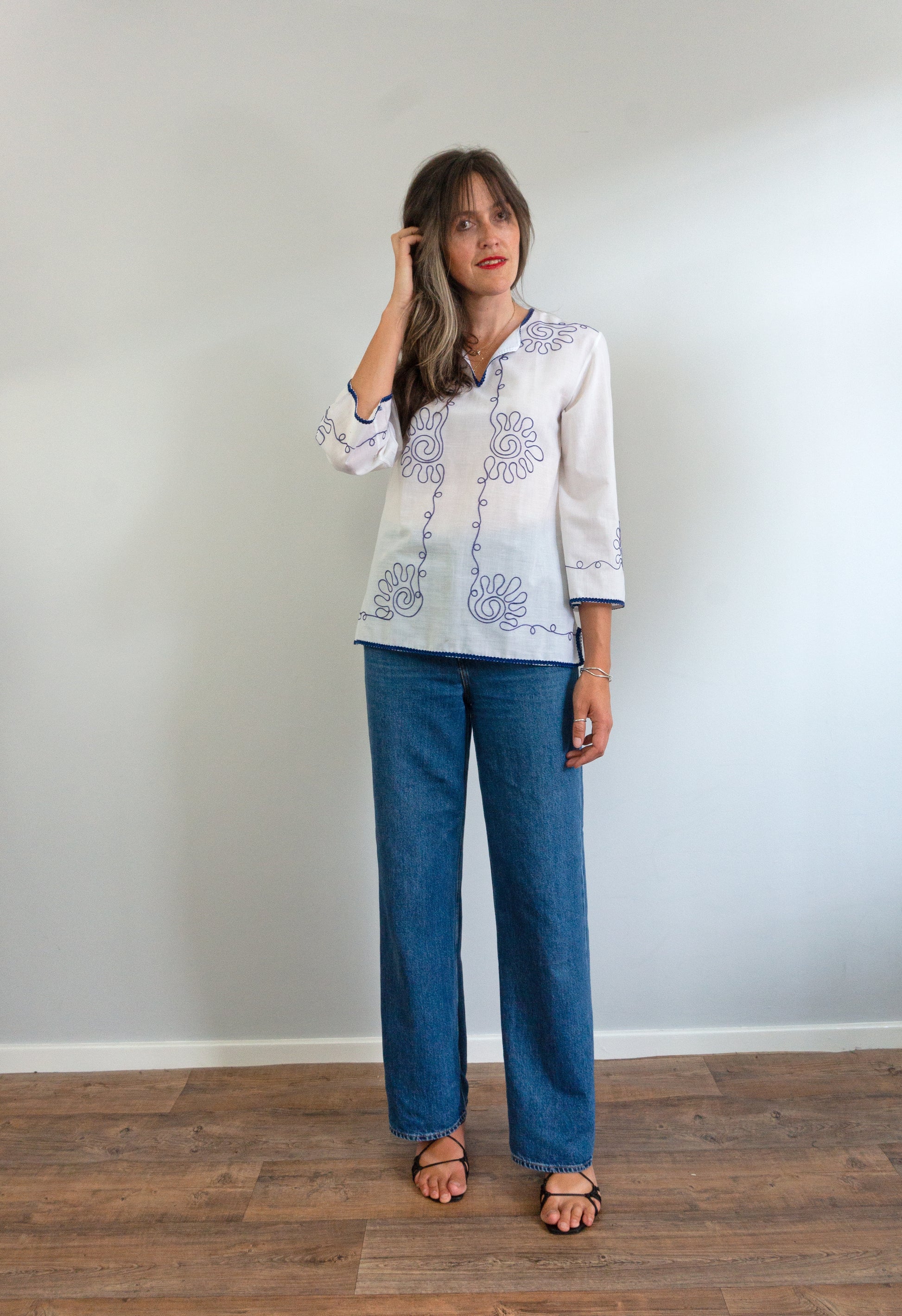Vintage 70s Embroidered White Greek Blouse