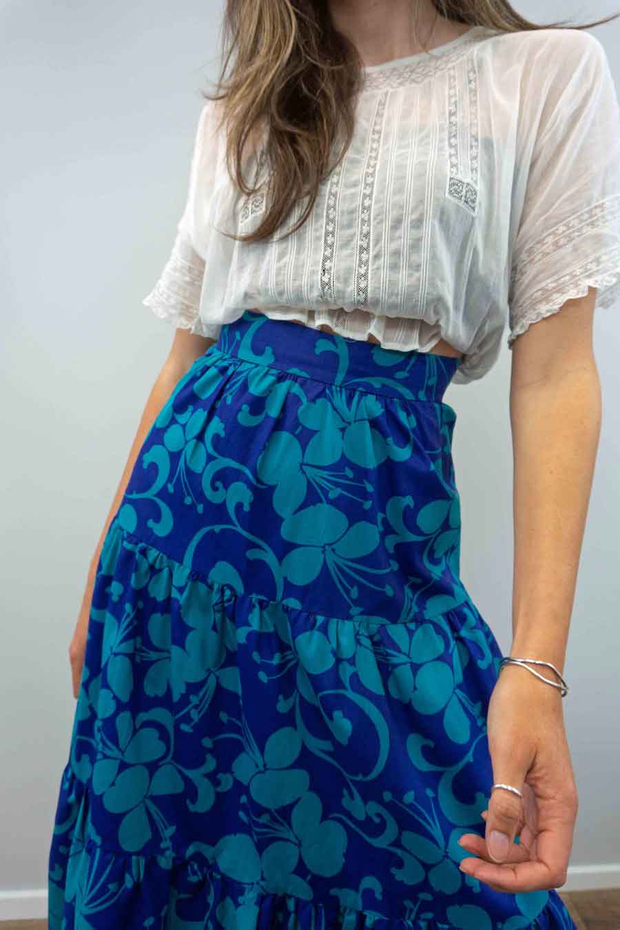 abstract floral 1970s blue on blue long skirt