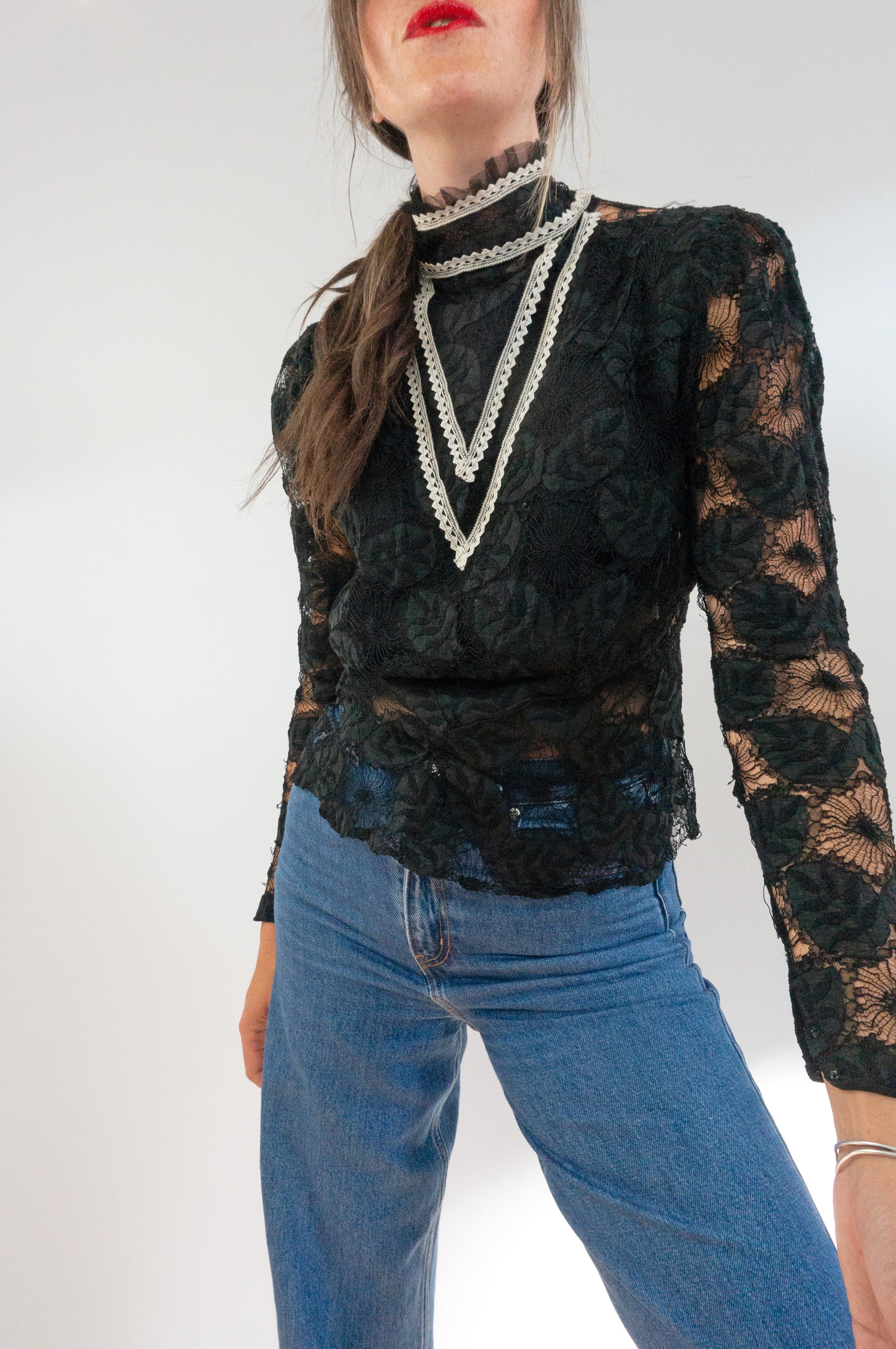 Victorian Ruffle Neck Sheer Black Lace Blouse