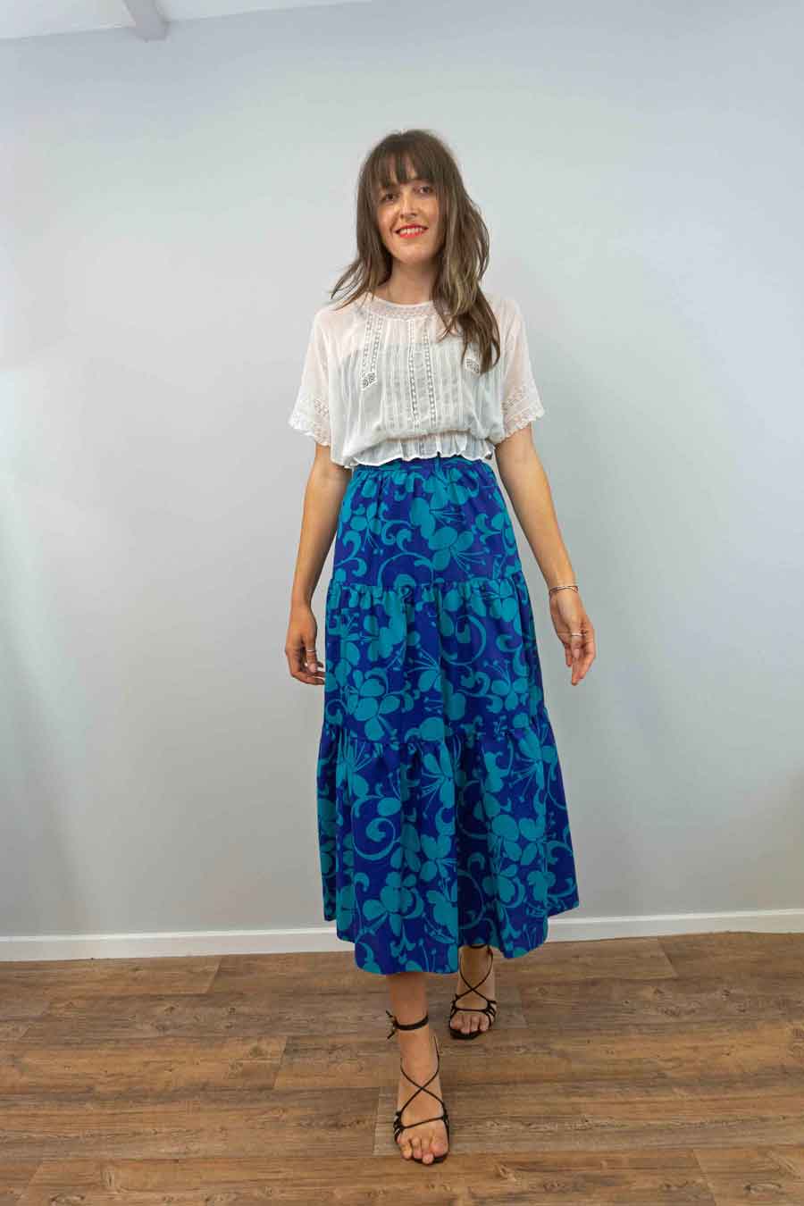 blue floral tiered gypsy maxi skirt