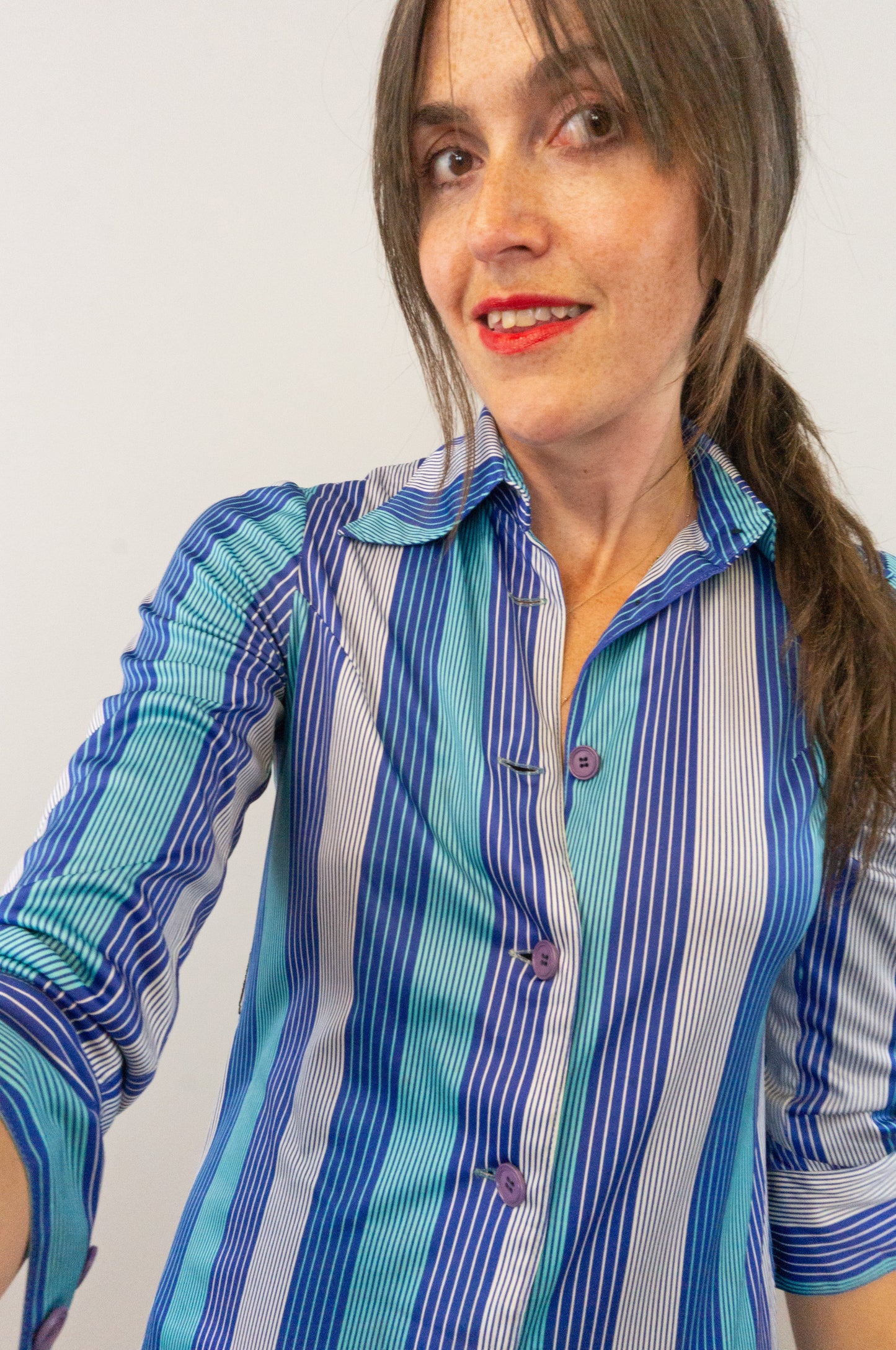 Vintage Blue Striped Collared Shirt Midi Dress