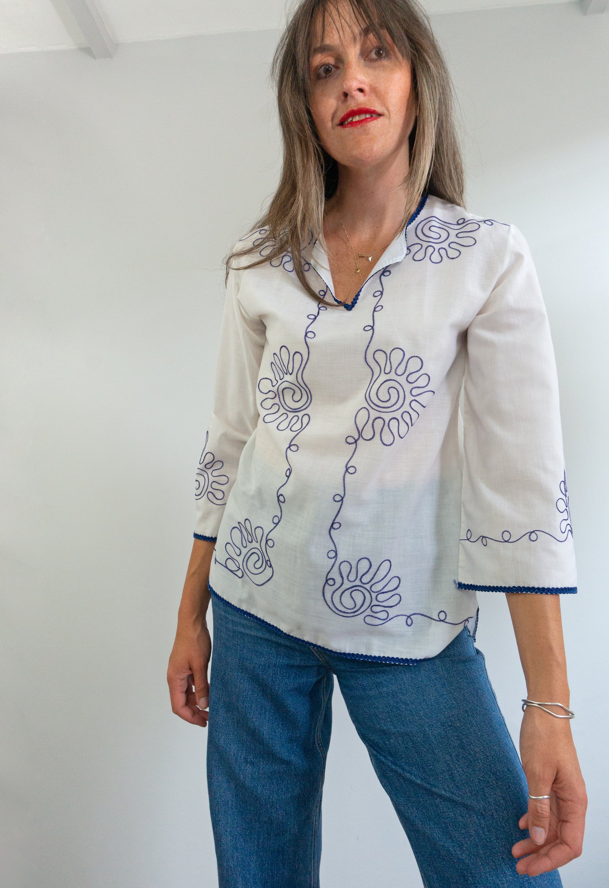 Vintage 70s Abstract Embroidered White Greek Top