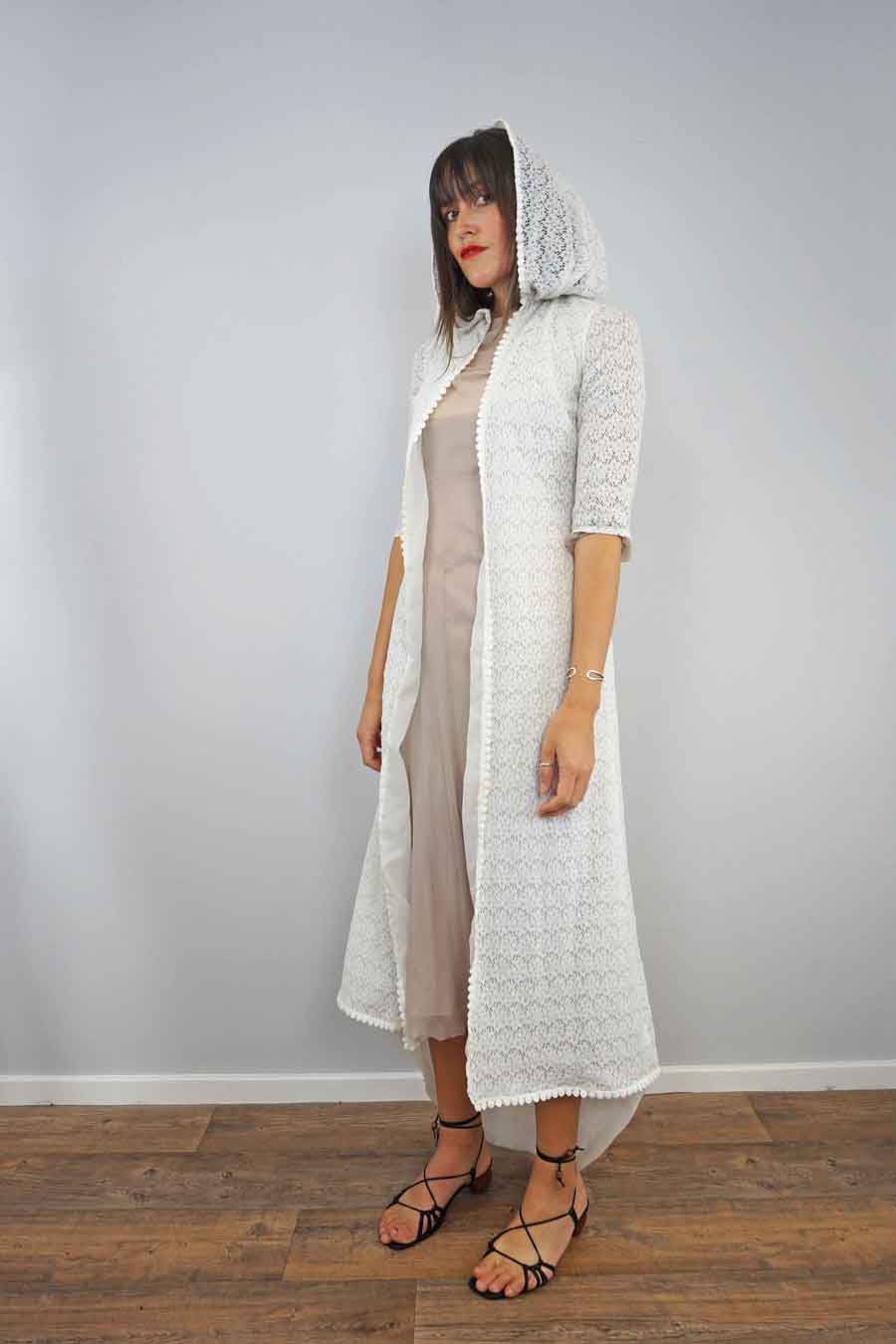 60s 70s hippie hooded long white lace bridal cape