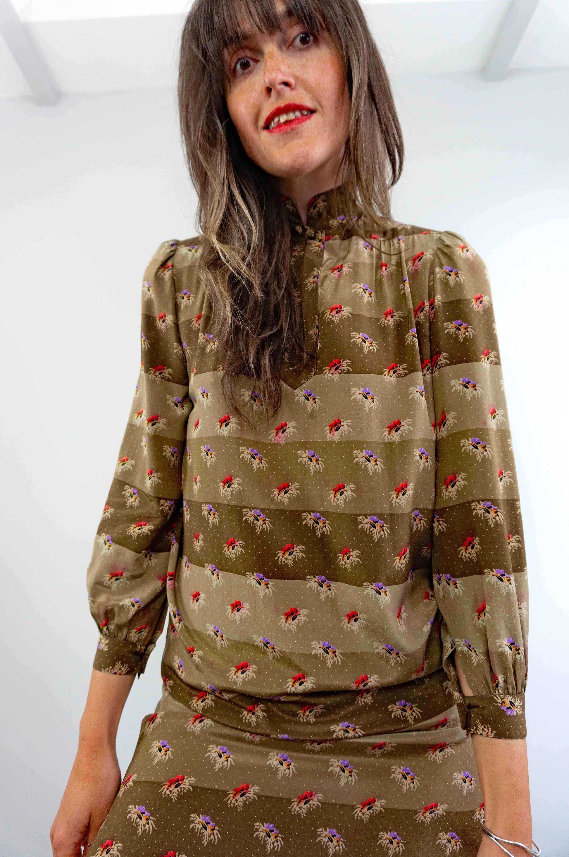 brown silk floral shirt dress vintage