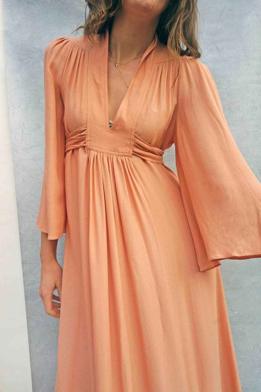 Vintage Ossie Clark Pink Flared Sleeve Maxi Dress - Pink Vntage 70s Ossie Clark Dress - Ada's Attic Vintage