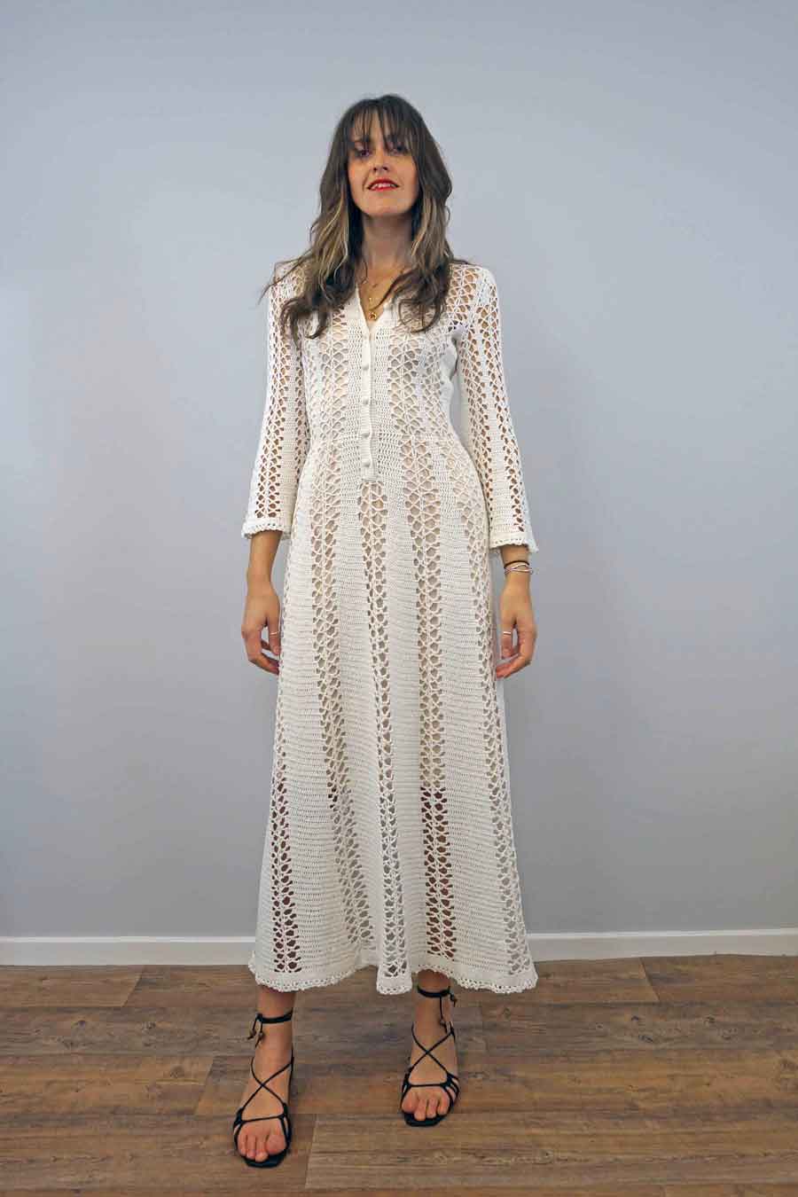 Flared sleeve vintage white crochet wedding dress