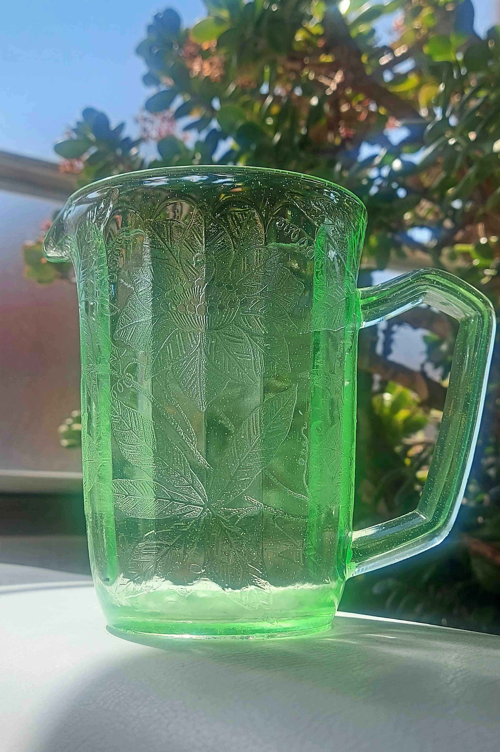 vintage 1930s Green Depression Uranium Floral Jeannette Glass Pitcher