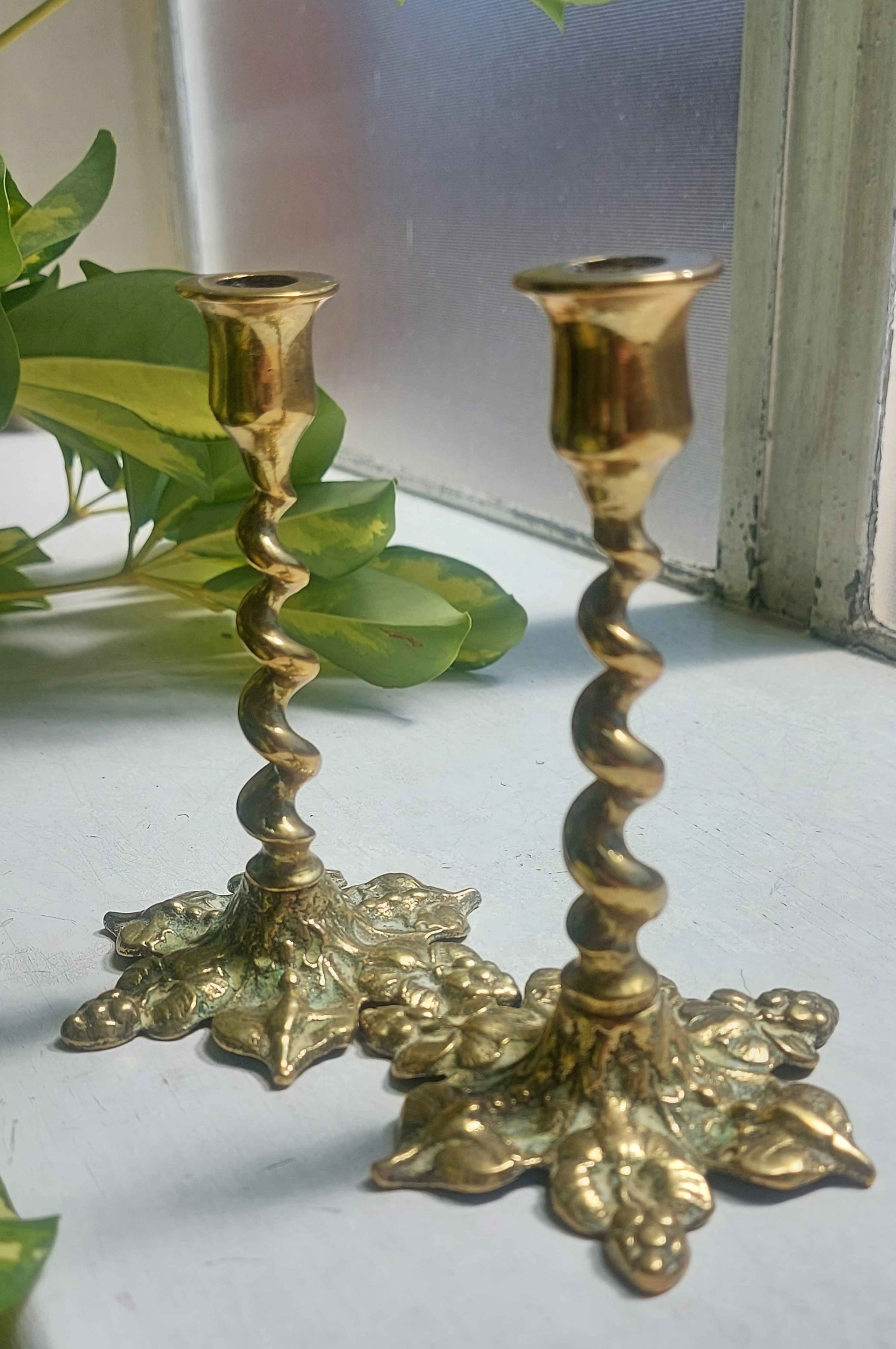 Small Pair Of Vintage Twisted Brass Floral Candlestick Holders