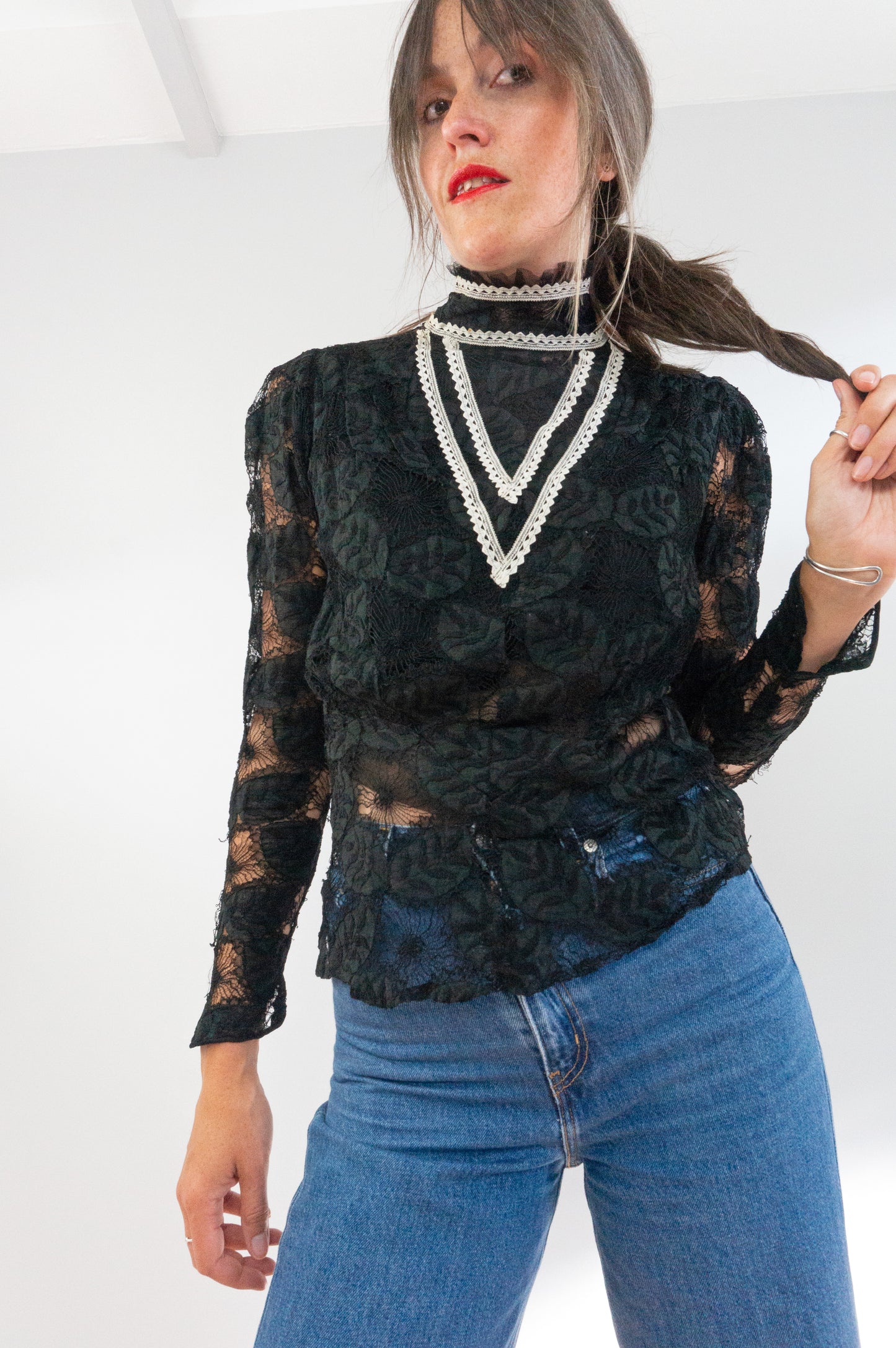 1900 Victorian Ruffle Neck Sheer Black Lace Blouse