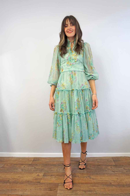 Green Tiered Ruffle Floral Tulle Skirt
