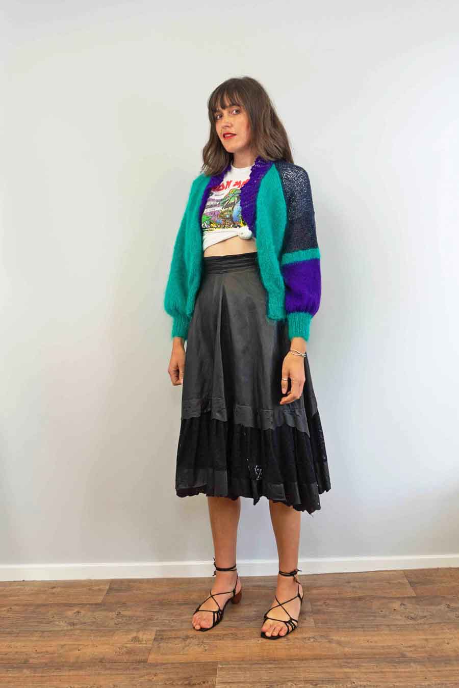 long vintage black leather midi skirt
