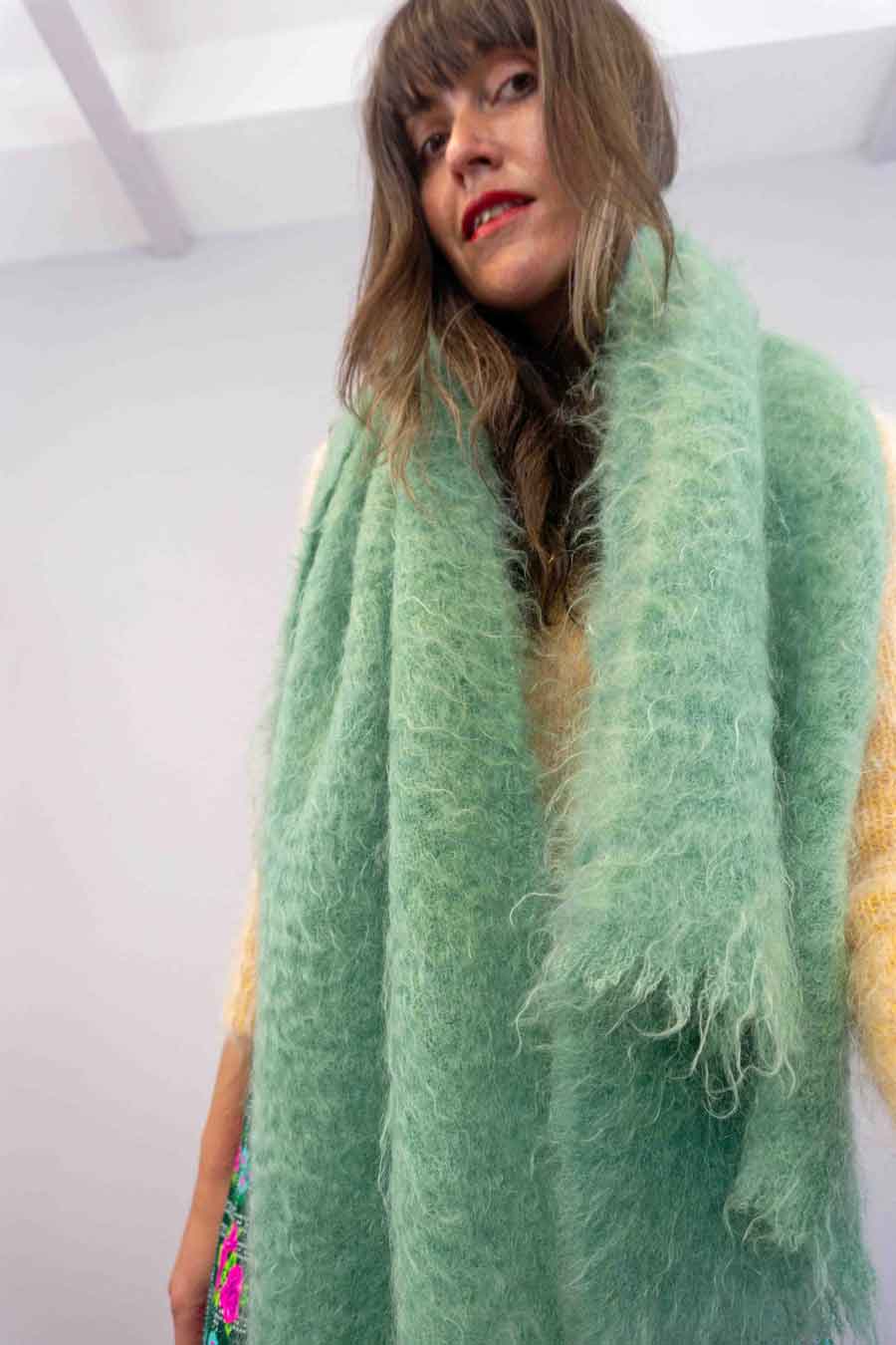 pastel green mohair wool blanket scarf